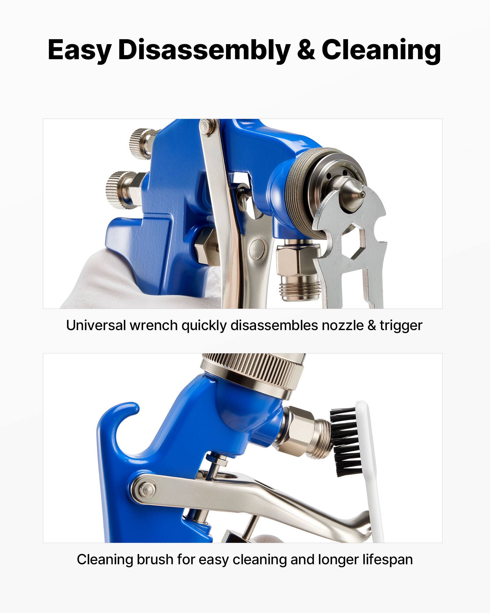 Easy Disassembly & Cleaning

Universal wrench quickly disassembles nozzle & trigger

Cleaning brush for easy cleaning and longer lifespan