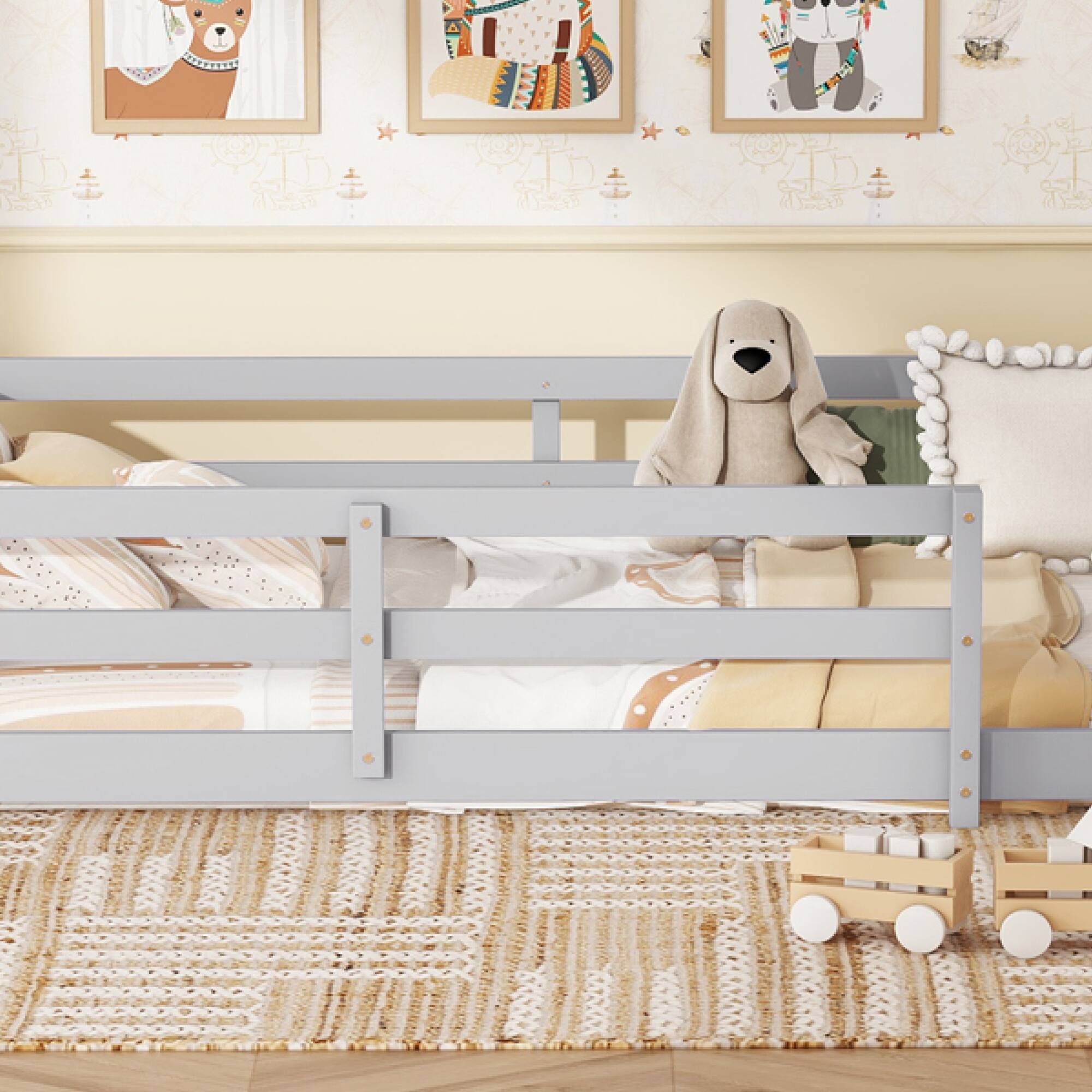 Alt View 1. GOODSILO - Twin Size Floor Bed for Kids with Safety Fence, Sturdy Wooden Montessori Style Bed Frame for Boys and Girls - Grey.