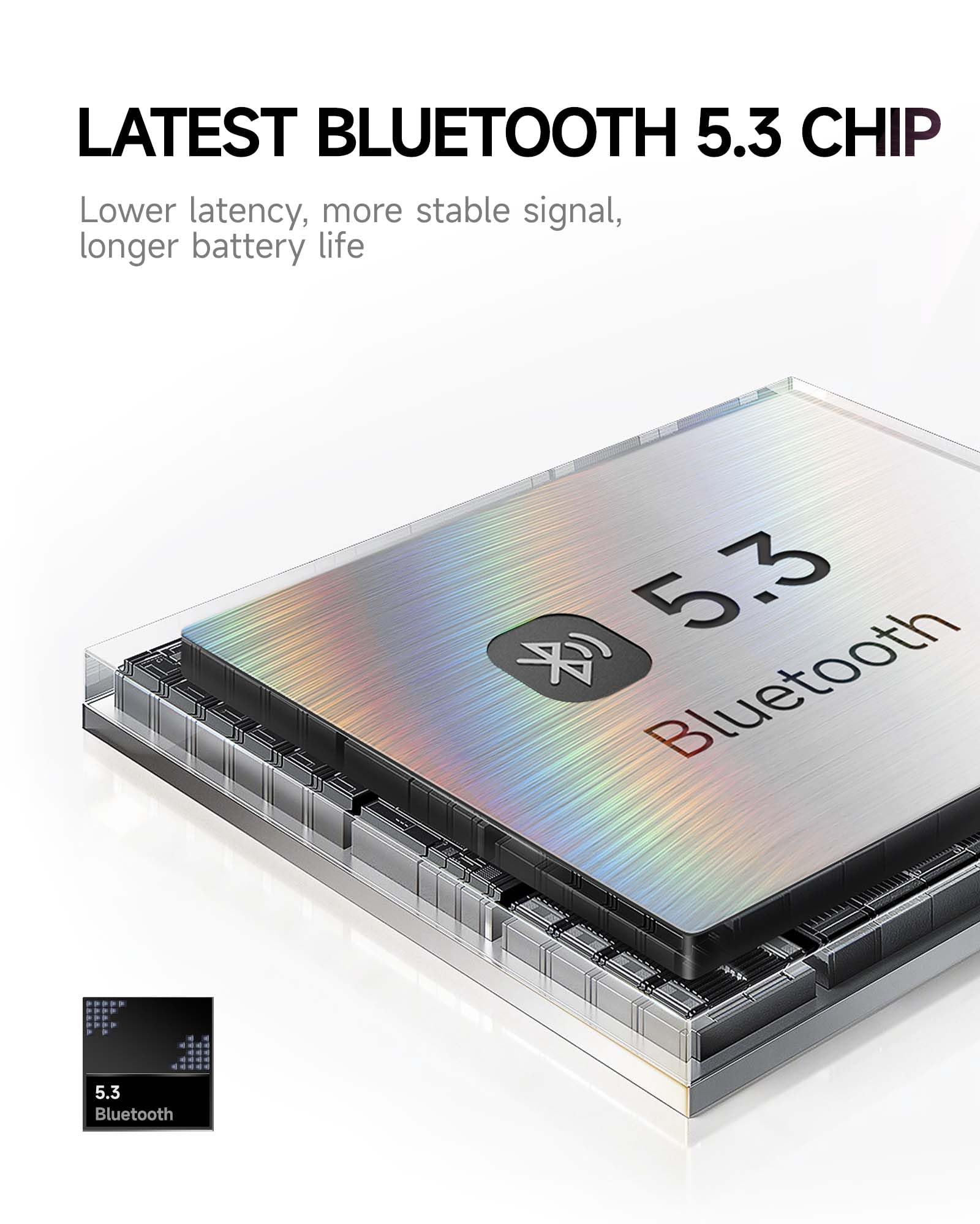 LATEST BLUETOOTH 5.3 CHIP  
Lower latency, more stable signal, longer battery life  

5.3 Bluetooth