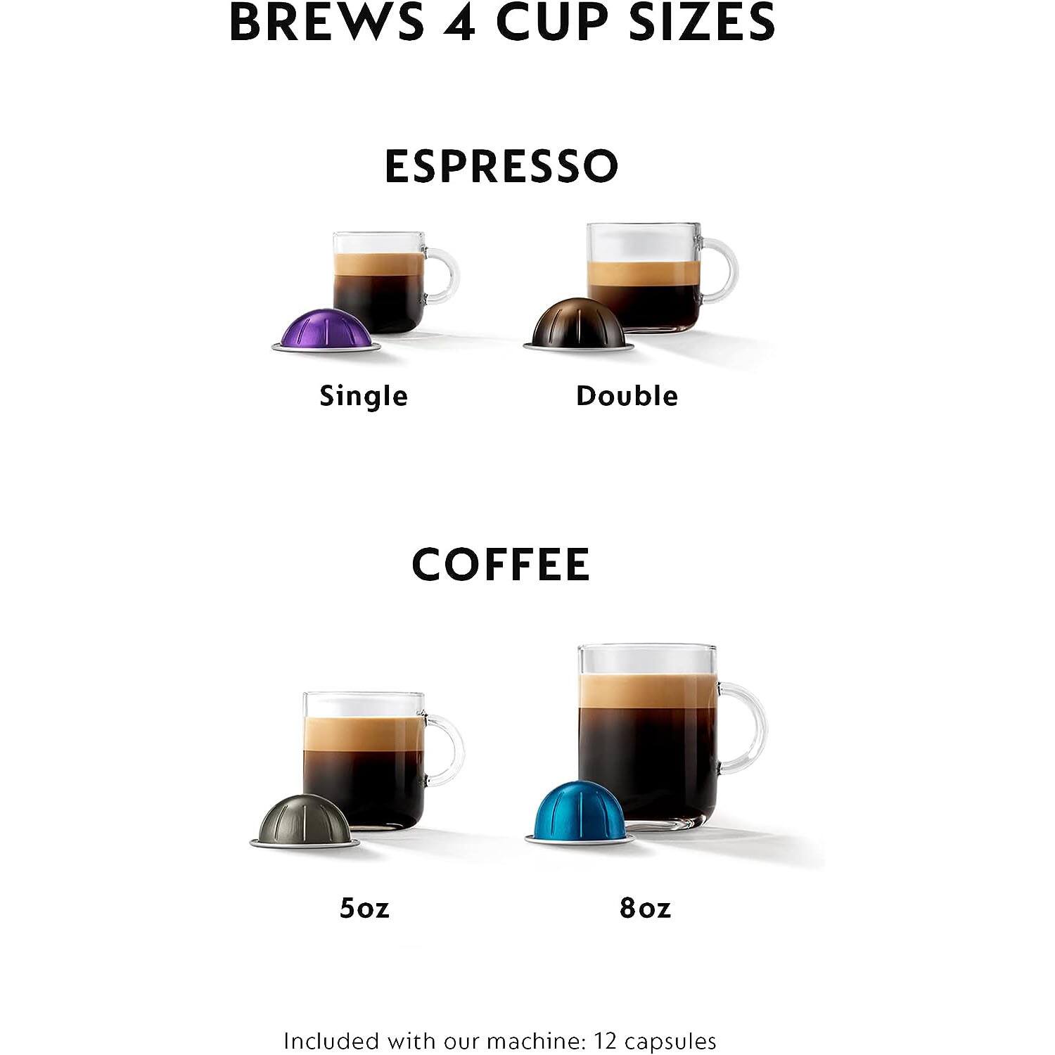 BREWS 4 CUP SIZES

ESPRESSO
- Single
- Double

COFFEE
- 5oz
- 8oz

Included with our machine: 12 capsules