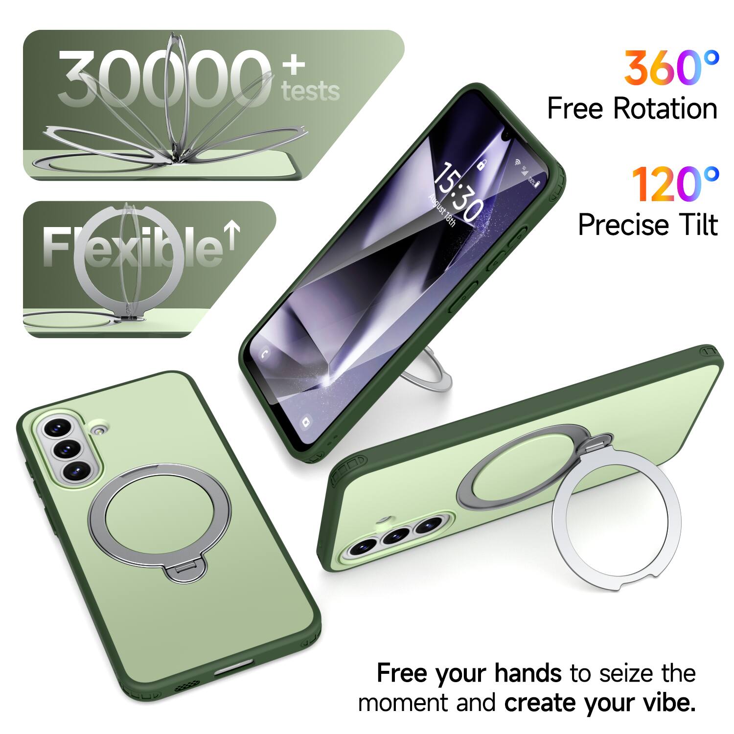 + 30000 tests  
Flexible  
15:30  
Past 18th  
360° Free Rotation  
120° Precise Tilt  
Free your hands to seize the moment and create your vibe.