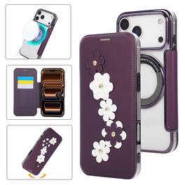 Dteck - Floral Relief Faux Leather Flip Wallet Case for Apple iPhone 17 Pro Max,Mag Safe Electroplated Slim Clear Back Cover - Purple