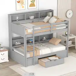 Whisen - Twin Size Bunk Bed with Built-in Shelves Beside both Upper and Down Bed and Storage Drawer, Space-Saving - Gray