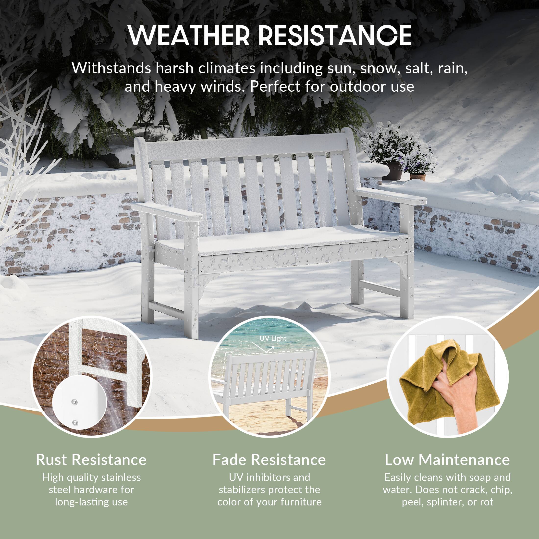 WEATHER RESISTANCE  
Withstands harsh climates including sun, snow, salt, rain, and heavy winds. Perfect for outdoor use

UV Light

Rust Resistance  
High quality stainless steel hardware for long-lasting use

Fade Resistance  
UV inhibitors and stabilizers protect the color of your furniture

Low Maintenance  
Easily cleans with soap and water. Does not crack, chip, peel, splinter, or rot
