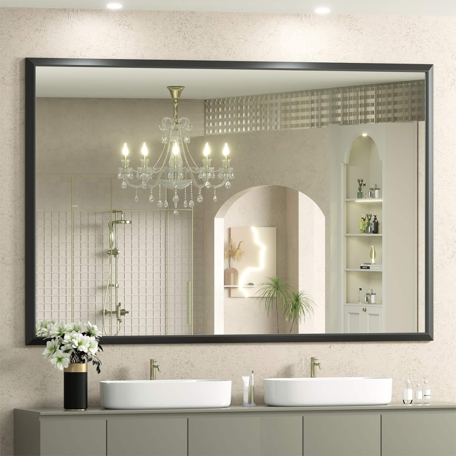 Comfort Essence - Bathroom Mirrors For Over Sink Metal Framed Vanity Mirror Wall Rectangular Right Angle Corner Thick Frame - Black-48"L x 36"W