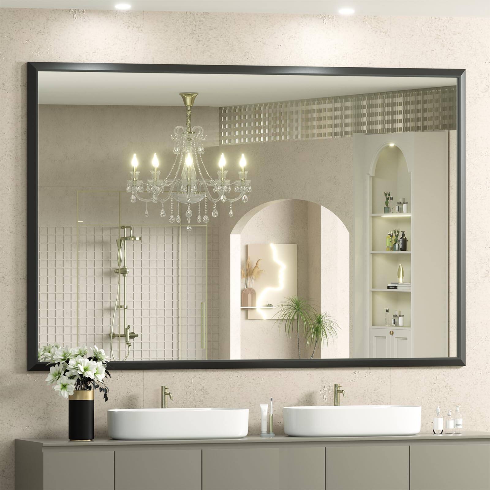 Comfort Essence - Bathroom Mirrors For Over Sink Metal Framed Vanity Mirror Wall Rectangular Right Angle Corner Thick Frame - Black-48"L x 36"W