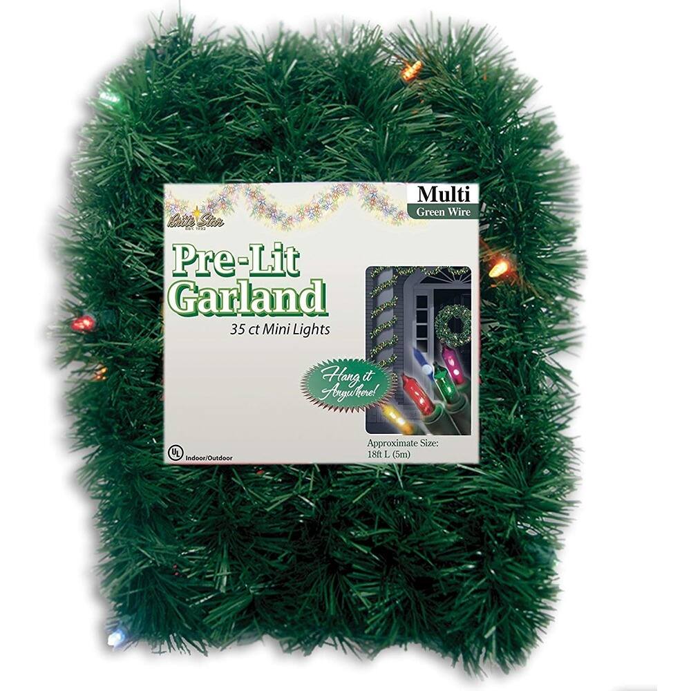 Pre-Lit Garland  
35 ct Mini Lights  
Multi Green Wire  
Hang it anywhere!  
Approximate Size: 18ft L (5m)  
UL Indoor/Outdoor