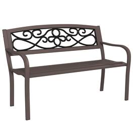Outsunny - 50" Outdoor Bench, Metal Garden Bench with Floral Pattern Backrest, Porch Bench with Slatted Seat for Park, Yard, Lawn - Brown