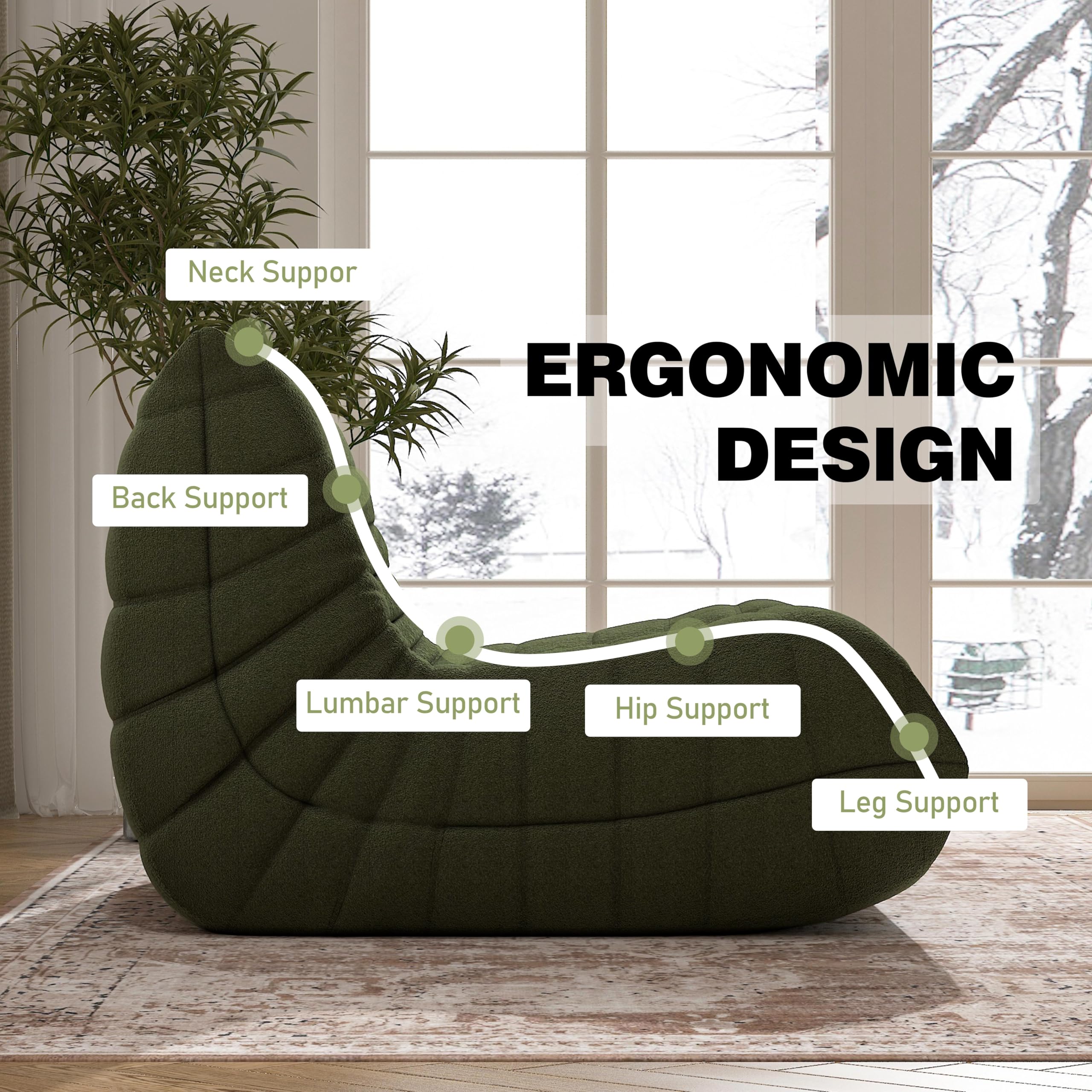 Neck Support  
Back Support  
Lumbar Support  
Hip Support  
Leg Support  

ERGONOMIC DESIGN