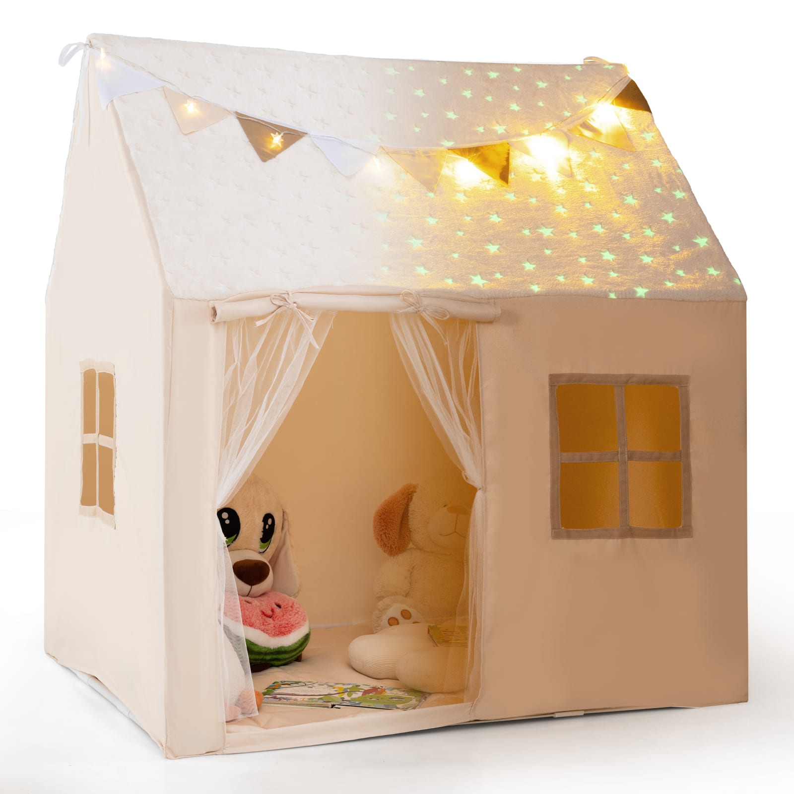 Gymax - Kids Play Tent w/Padded Mat Light String Glow-in-the-dark Fabric Colorful Flags - Beige