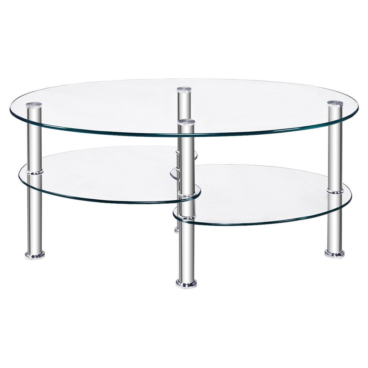 Alt View 7. Costway - Costway Tempered Glass Oval Side Coffee Table Shelf Chrome Base Living Room Clear - Clear.