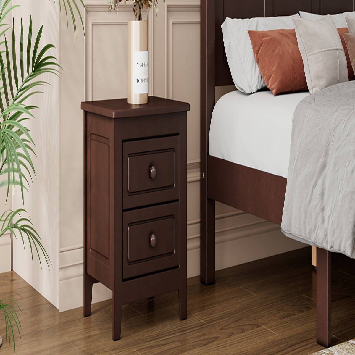 Alt View 6. Loheer - Loheer 2 Drawer Nightstand, Walnut Mid Century Bedside Table with Storage - Walnut.