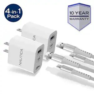 Nautica - Turan Core 20 Wall Charger Kit, 2 Pack 20W USB C Fast Chargers with 60W USB C Cables for iPhone, Android & more - White