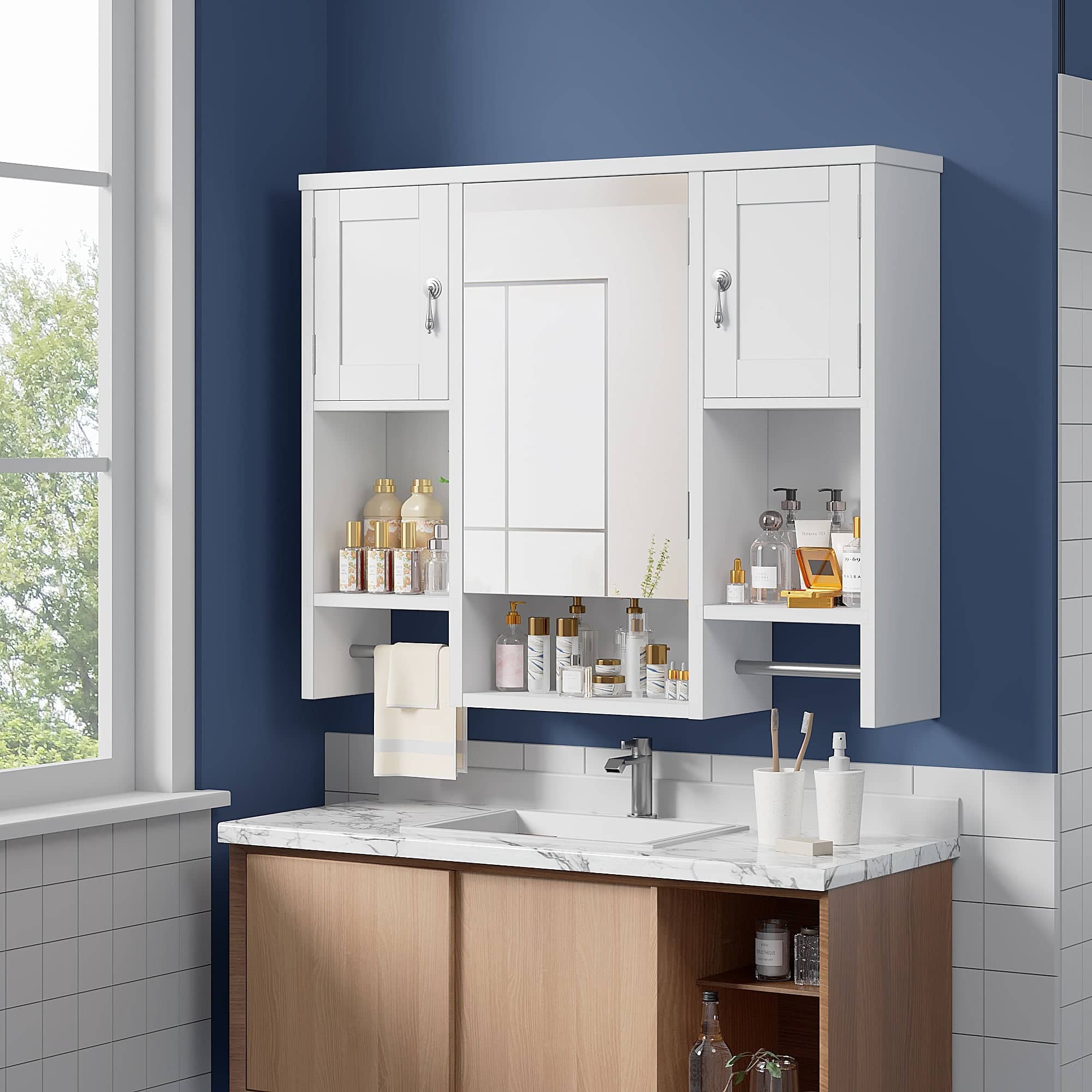 Vecelo - Bathroom Wall Cabinet with Mirror and Adjustable Shelf, MDF Medicine Cabinet with Towel Bar for Small Spaces - White