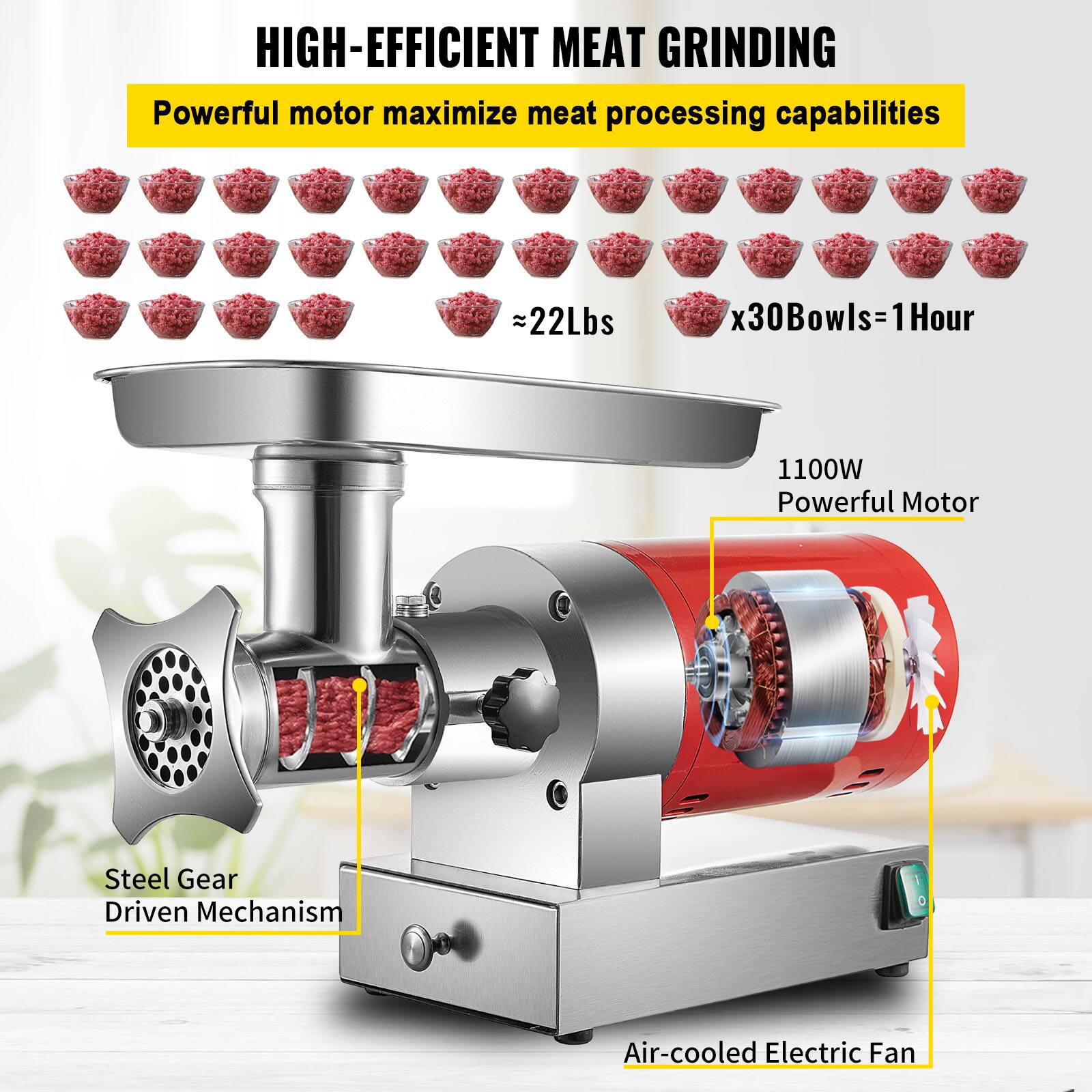 HIGH-EFFICIENT MEAT GRINDING
Powerful motor maximize meat processing capabilities
22Lbs x30 Bowls = 1 Hour
1100W Powerful Motor
Steel Gear Driven Mechanism
Air-cooled Electric Fan