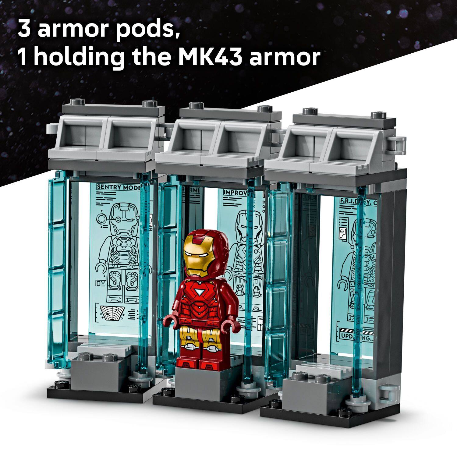 3 armor pods, 1 holding the MK43 armor SENTRY MODE ANI IMPROV F.R.I.C Y.C C B UPD_r UPD NG.