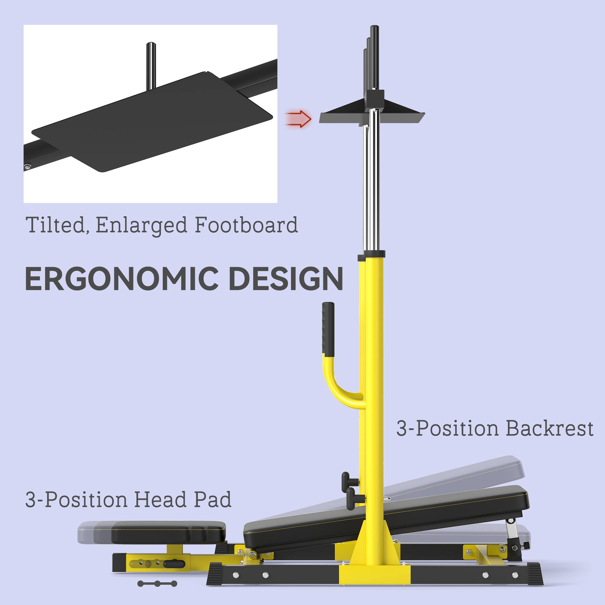 Tilted, Enlarged Footboard, ERGONOMIC DESIGN, 3-Position Backrest, 3-Position Head Pad