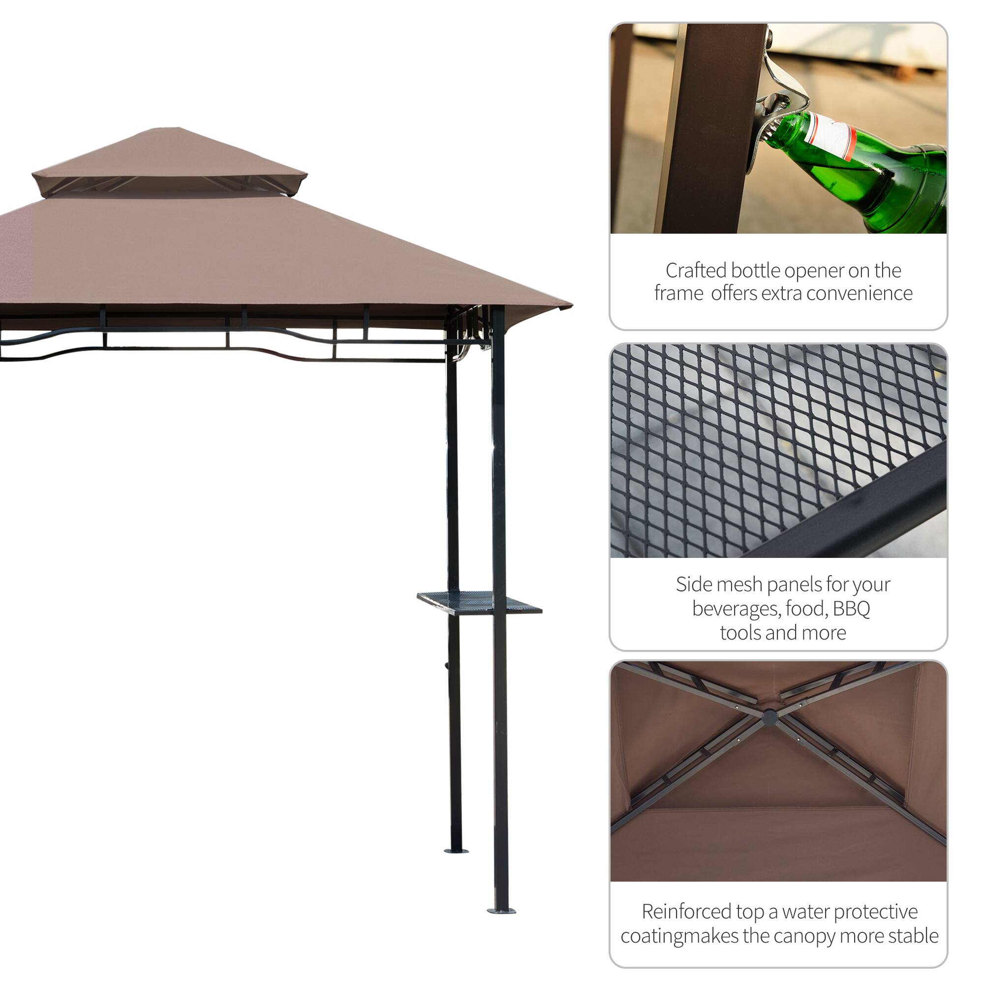 Crafted bottle opener on the frame offers extra convenience, side mesh panels for your beverages, food, BBQ tools and more, reinforced top a water protective coating makes the canopy more stable