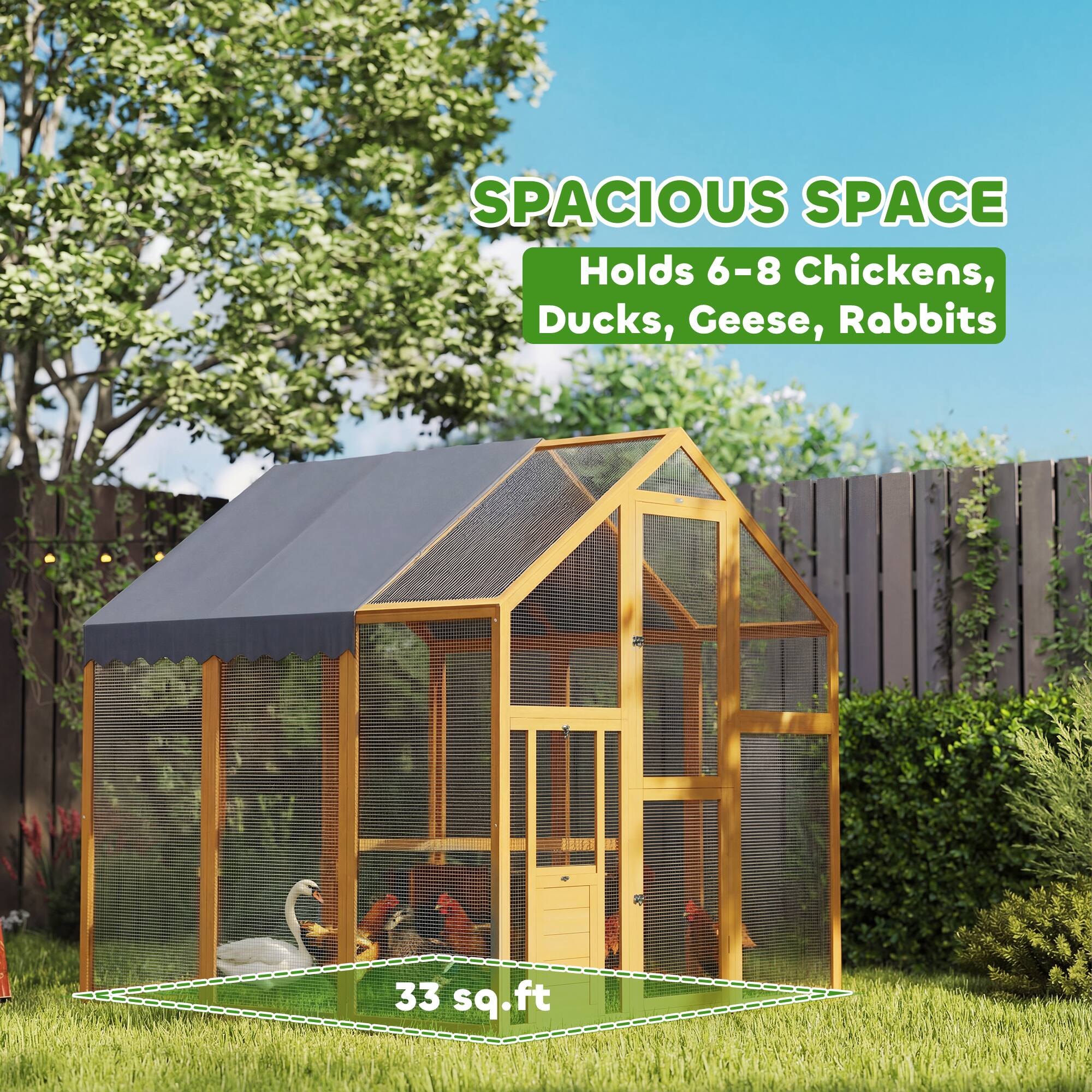 SPACIOUS SPACE  
Holds 6-8 Chickens, Ducks, Geese, Rabbits  
33 sq.ft