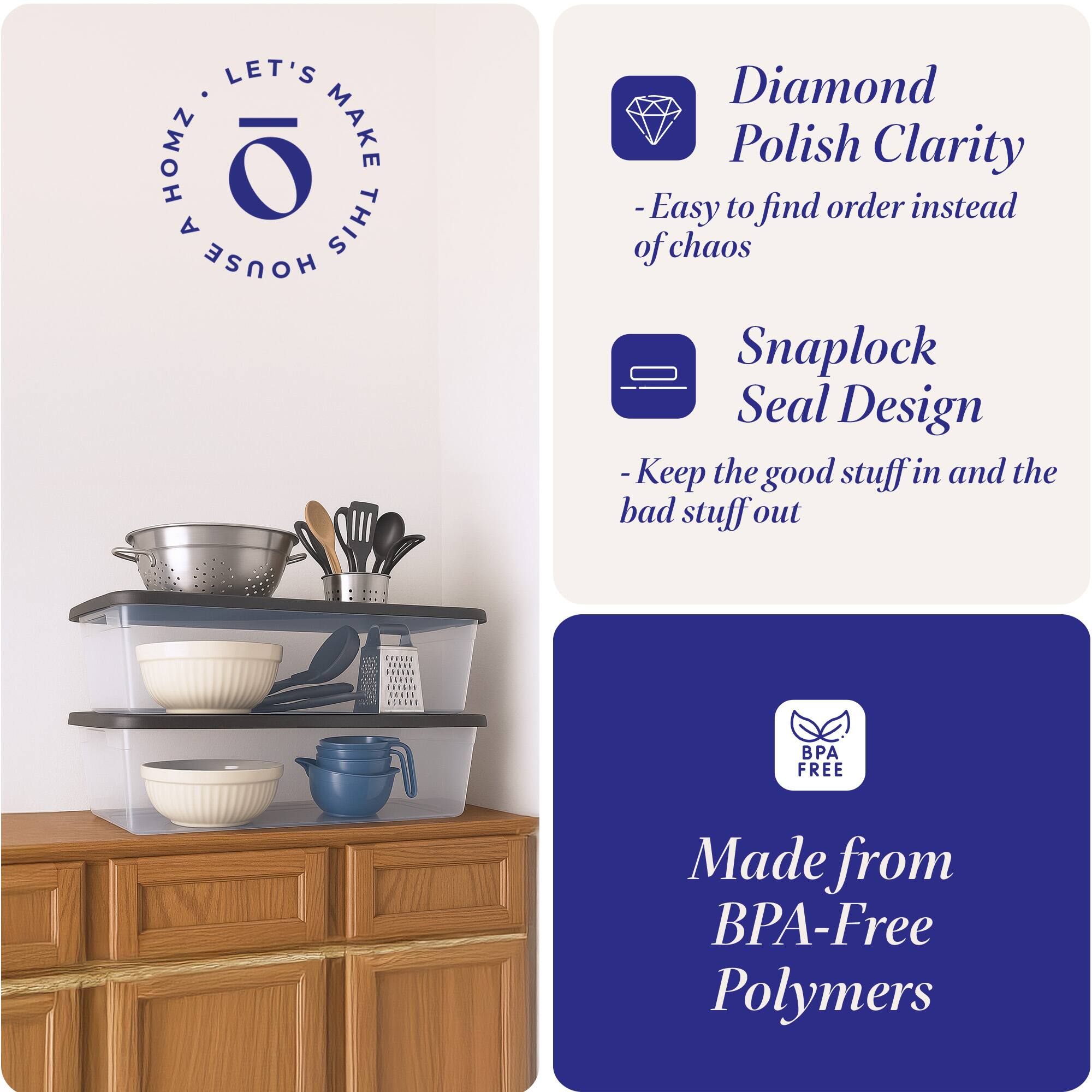 LET'S HOMZ MAKE A THIS HOUSE

- Diamond Polish Clarity
  - Easy to find order instead of chaos

- Snaplock Seal Design
  - Keep the good stuff in and the bad stuff out

- Made from BPA-Free Polymers