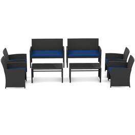 Costway - 8 PCS Patio Conversation Set with Seat Cushions & Tempered Glass Tabletop, Porch - Navy+Black