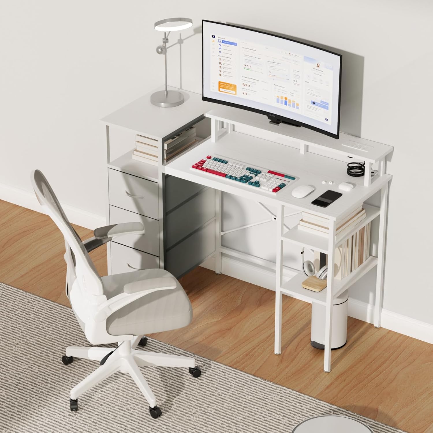 Alt View 7. Winado - 47" L-Shaped Computer Gaming Desk with Fabric Drawers & Storage Shelves,Charging Station,Monitor Stand for Home Office - White.