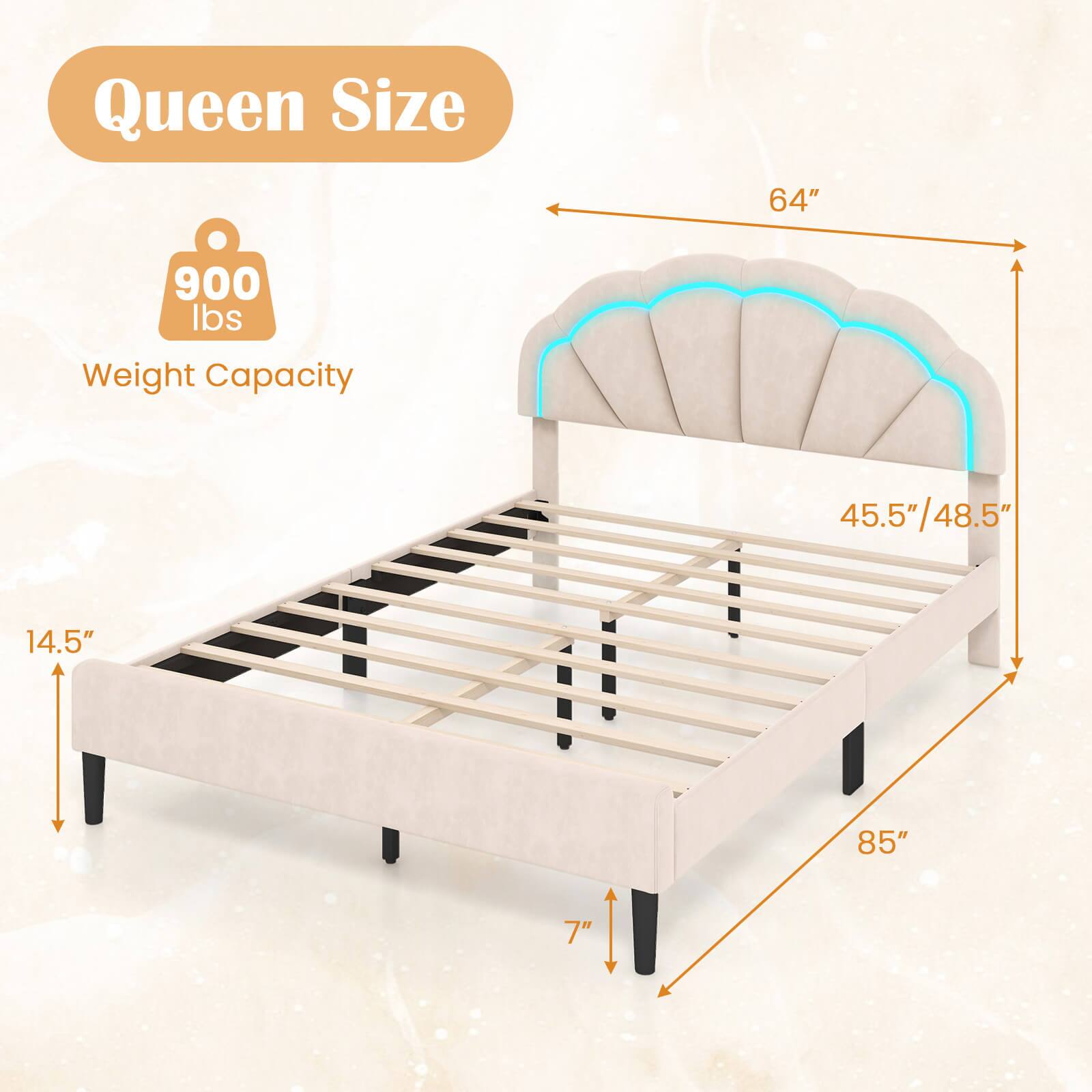 Queen Size  
64"  
900 lbs Weight Capacity  
45.5"/48.5"  
14.5"  
85"  
7"