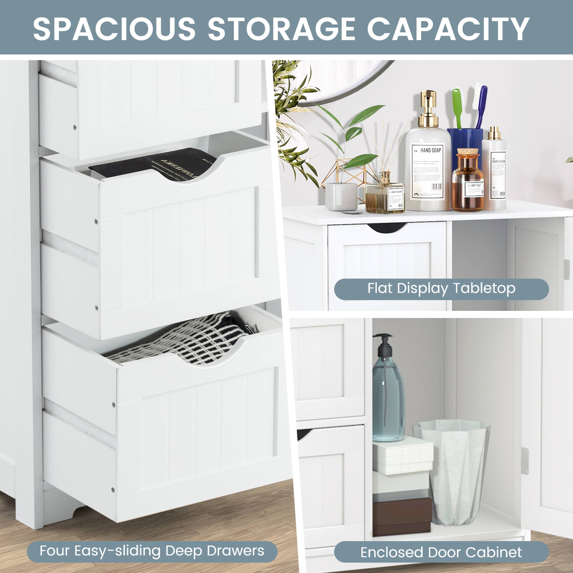 SPACIOUS STORAGE CAPACITY

- Four Easy-sliding Deep Drawers
- Flat Display Tabletop
- Enclosed Door Cabinet