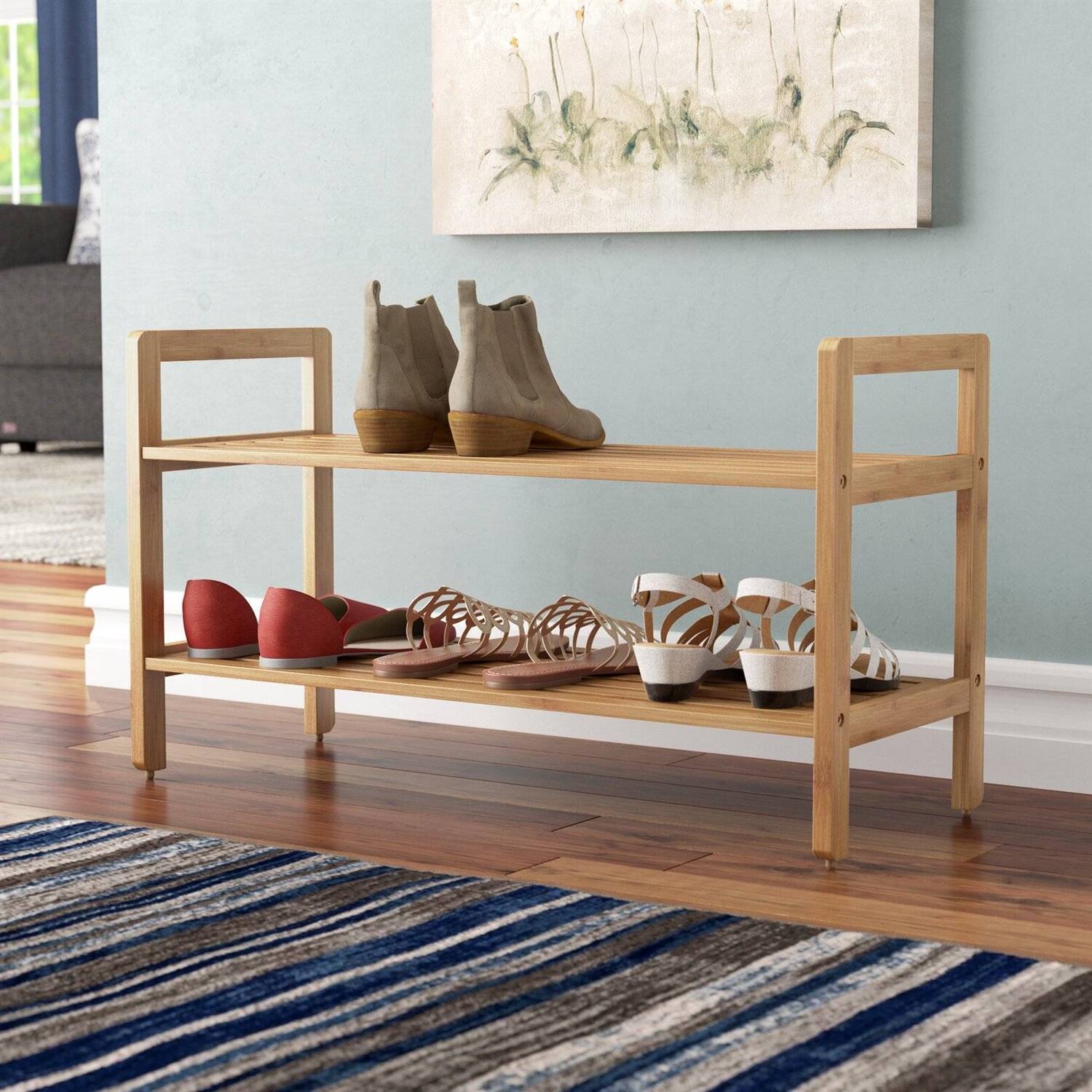Angle. Hivvago - Modern Bamboo 2-Shelf Shoe Rack - Holds up to 8-Pair of Shoes - Walnut.