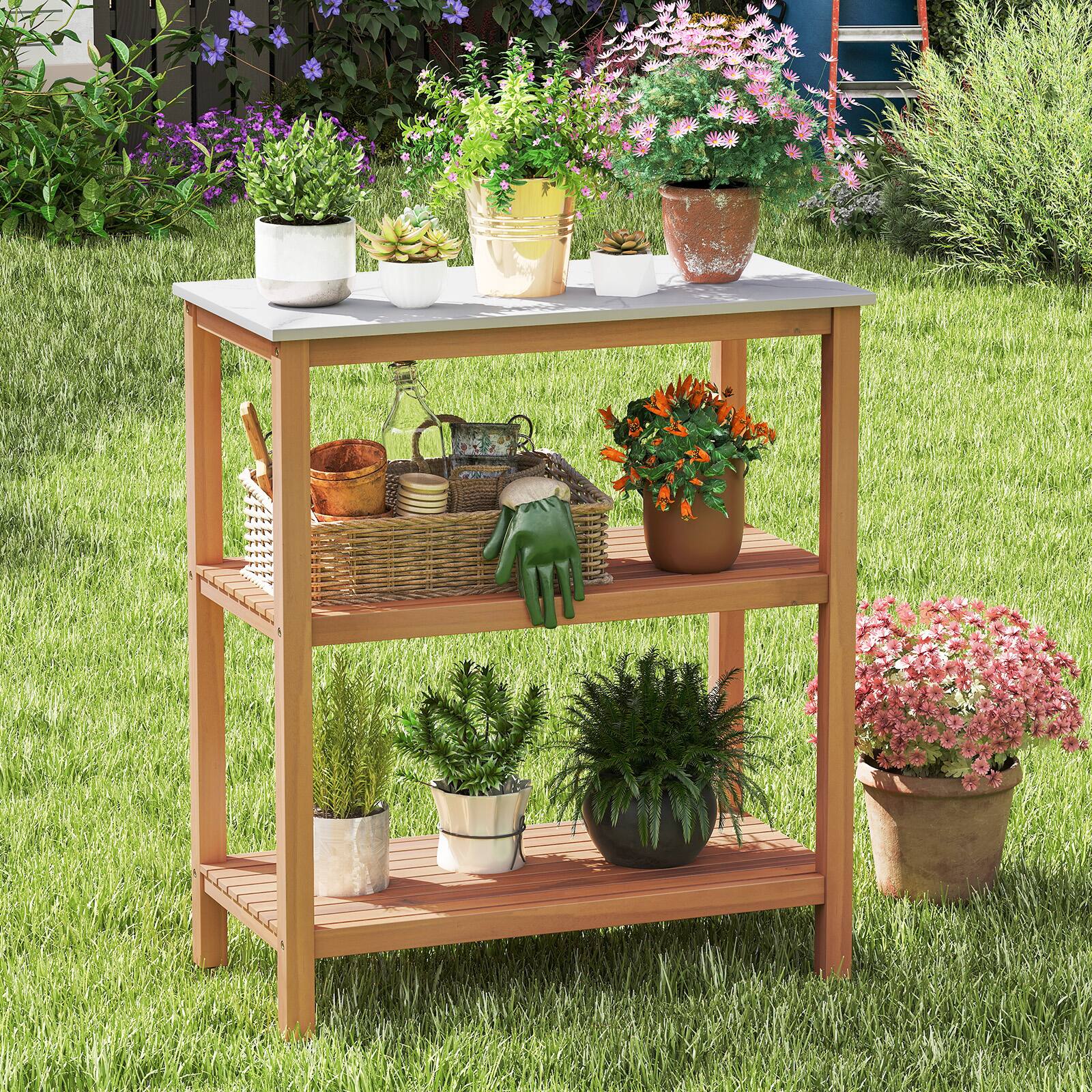 Alt View 3. Gymax - Gymax 3-Tier Patio Garden Potting Bench Table w/ Acacia Wood 2 Slatted Shelves - Natural, White.