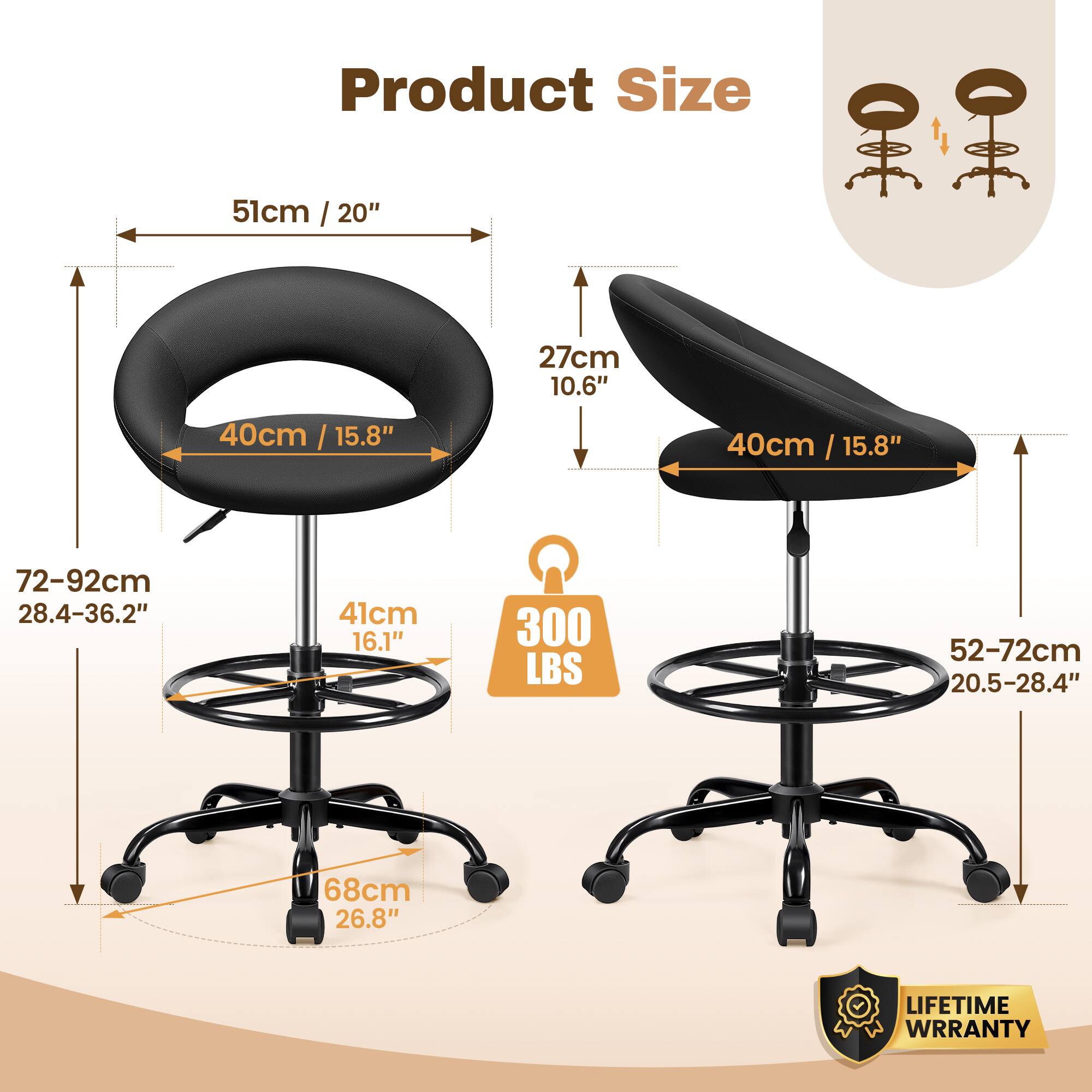 Product Size

- 51cm / 20"
- 27cm / 10.6"
- 40cm / 15.8"
- 40cm / 15.8"
- 72-92cm / 28.4-36.2"
- 41cm / 16.1"
- 52-72cm / 20.5-28.4"
- 68cm / 26.8"
- 300 LBS
- LIFETIME WARRANTY