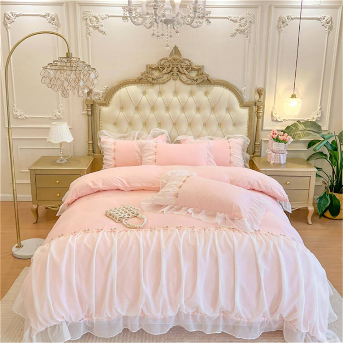 Front. Comfort Essence - Beddingromantic Ruffle Lace Bedding Set 2 Piece Comforter Duvet Cover With Zipper Closure Coquette Room - Pink-Twin.