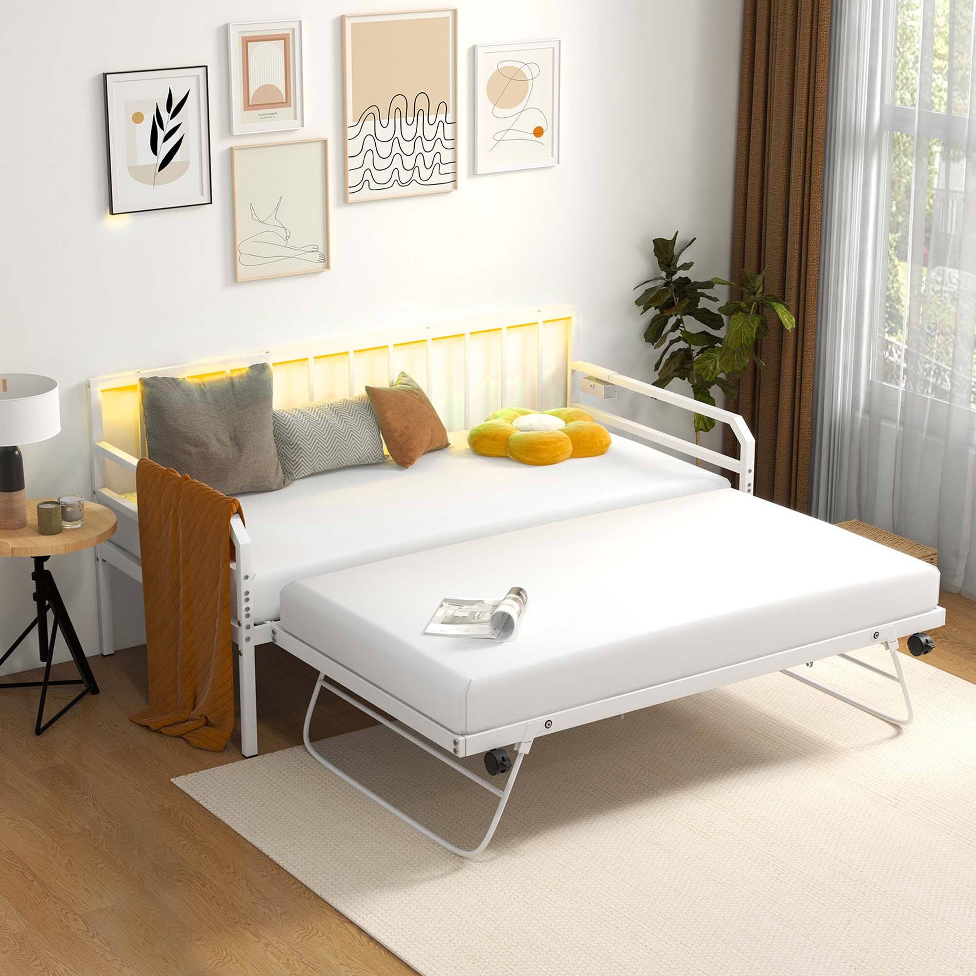 Alt View 5. Costway - Twin Size Daybed with Pop-up Trundle Charging Station & LED Lights for Living Room - White.