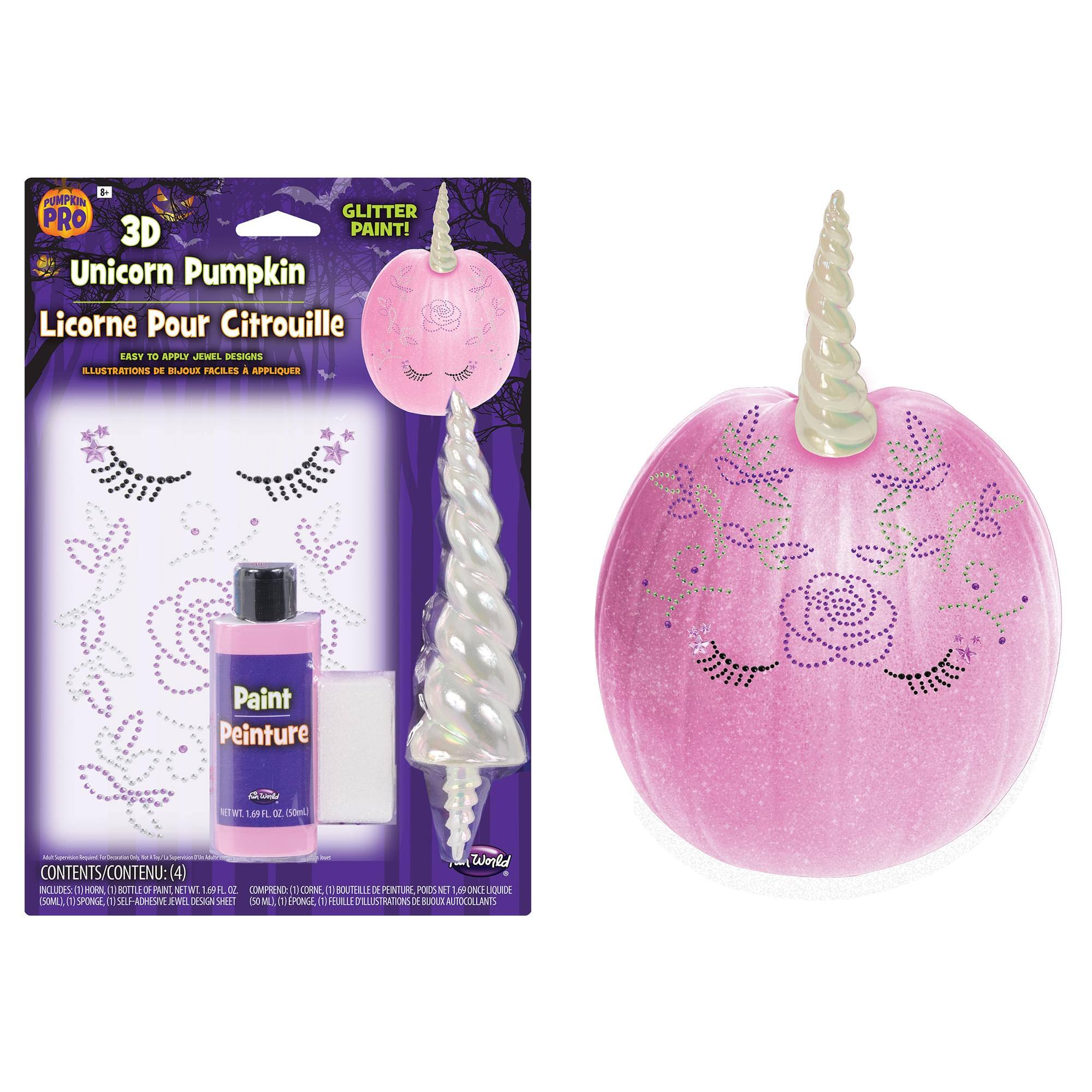 PUMPKIN PRO PAINT!  
3D Unicorn Pumpkin Licorne Pour Citrouille  
EASY TO APPLY JEWEL DESIGNS ILLUSTRATIONS DE BIJOUX FACILES À APPLIQUER  
Paint Peinture  

CONTENTS/CONTENU:  
(4) INCLUDES  
- 1 Paint Peinture  
- 1 Sponge Éponge  
- 1 Adhesive Sheet Feuille Autocollante  
- 1 Design Sheet Feuille Illustration