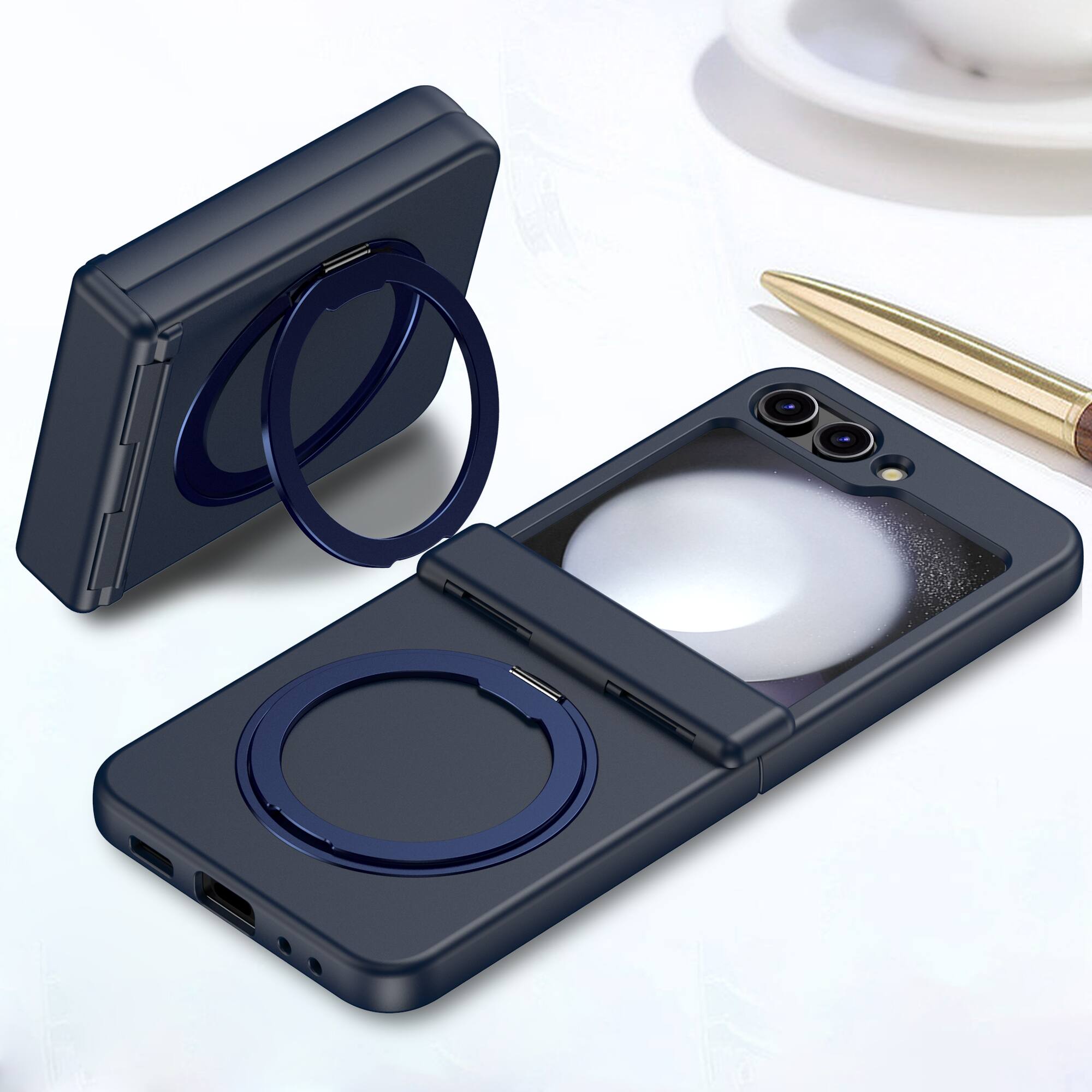 Alt View 1. Dteck - for Samsung Galaxy Z Flip6/7FE Matte Case,Shockproof Hard PC Cover with Hinge Protection,Rugged Rotatable Kickstand Case - Darkblue.