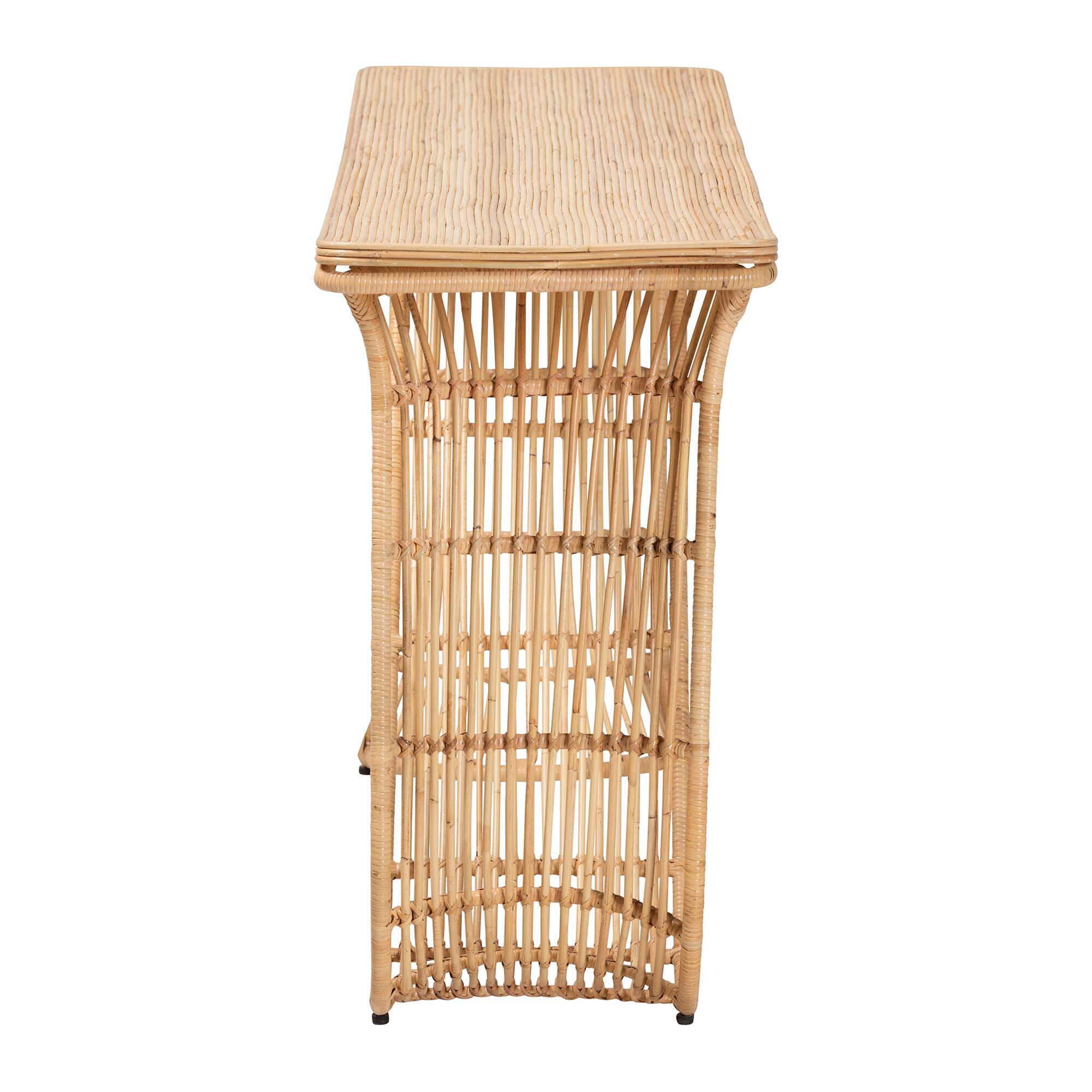 Left. bali & pari - Araceli Rattan S-Curve Console Table - Handwoven Wicker Sculptural Accent Table for Living Room or Entryway - Light Honey.