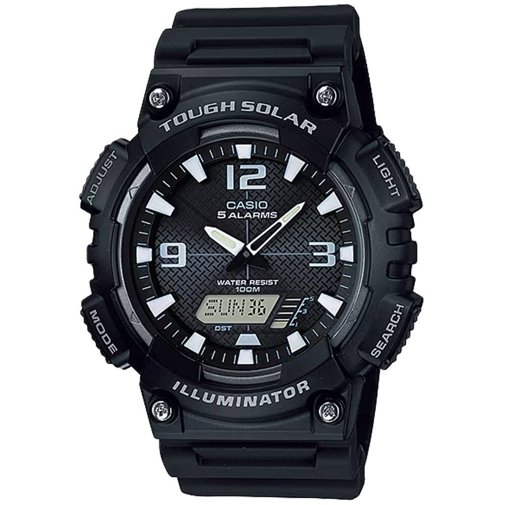 TOUGH SOLAR  
CASIO  
5 ALARMS  
WATER RESIST 100M  
SUN& MOON  
DST  
ILLUMINATOR LIGHT  
SEARCH  
ADJUST  
MODE