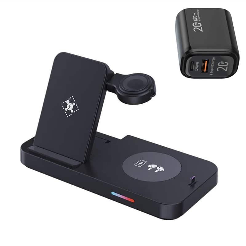 RISOKEYS - 4-in-1 Foldable Wireless Charger with Charging Port - Wireless  Charging Dock Compatible with Apple Watch and Earphone - Black