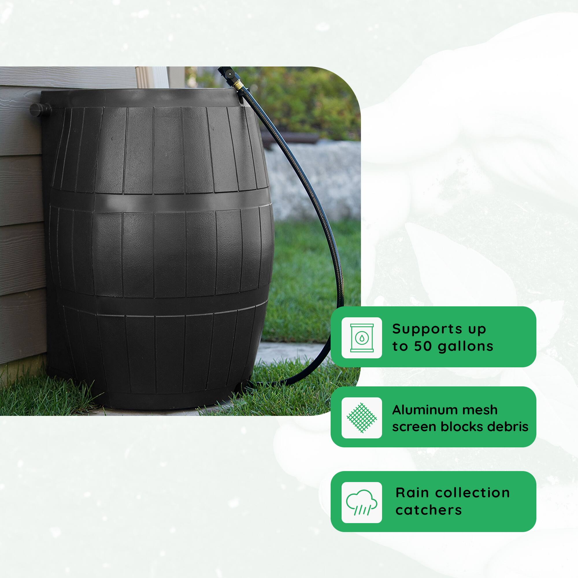 - Supports up to 50 gallons
- Aluminum mesh screen blocks debris
- Rain collection catchers