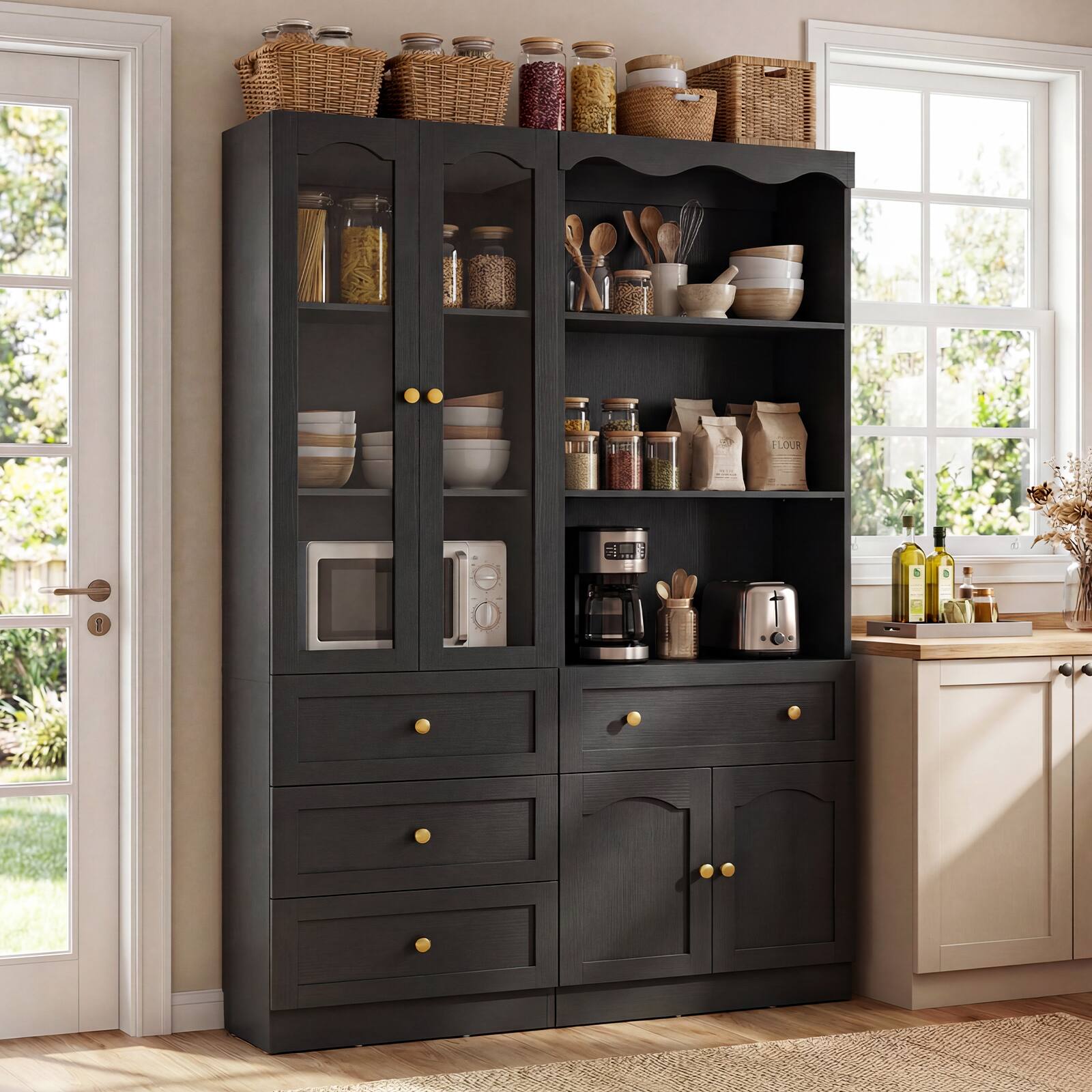 Alt View 3. Aheaplus - 80'' Tall Bookcase Set of 2 with 4 Drawers and Glass Doors, 51.1'' Width Bookshelf with Adjustable Shelves - Black.