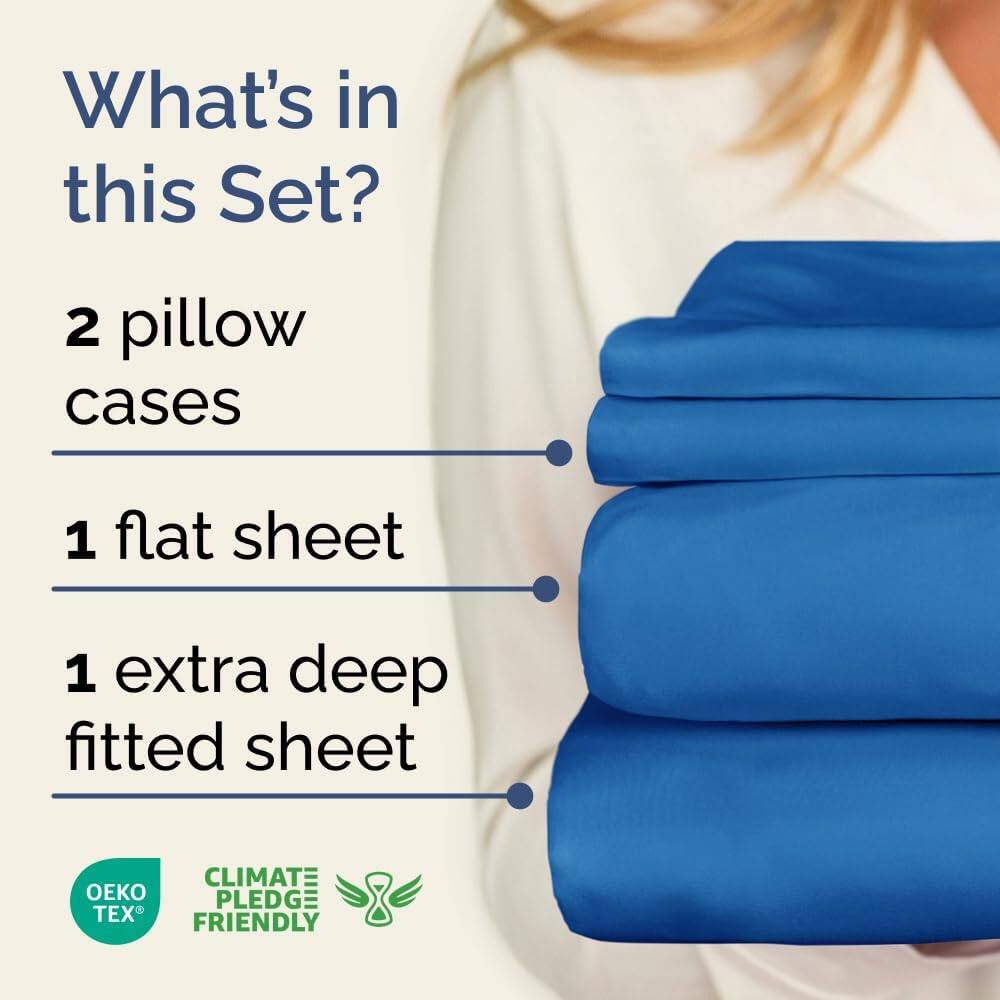 What's in this Set?

- 2 pillow cases
- 1 flat sheet
- 1 extra deep fitted sheet

CLIMATE PLEDGE FRIENDLY

OEKO TEX