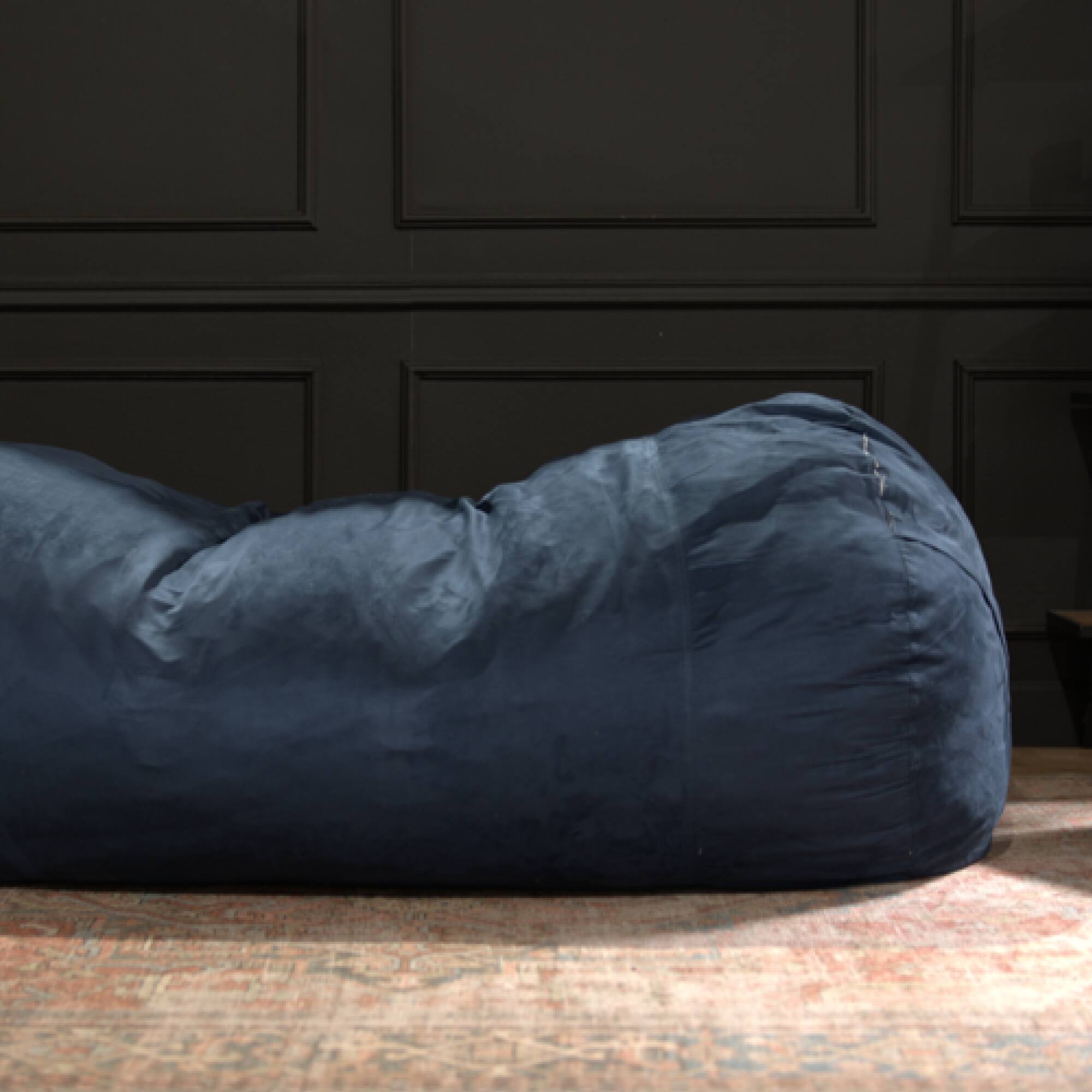 Left. GOODSILO - Traditional 8 Foot Suede Cylindrical Bean Bag Chair for Living Room and Bedroom Comfort - Blue Solid.