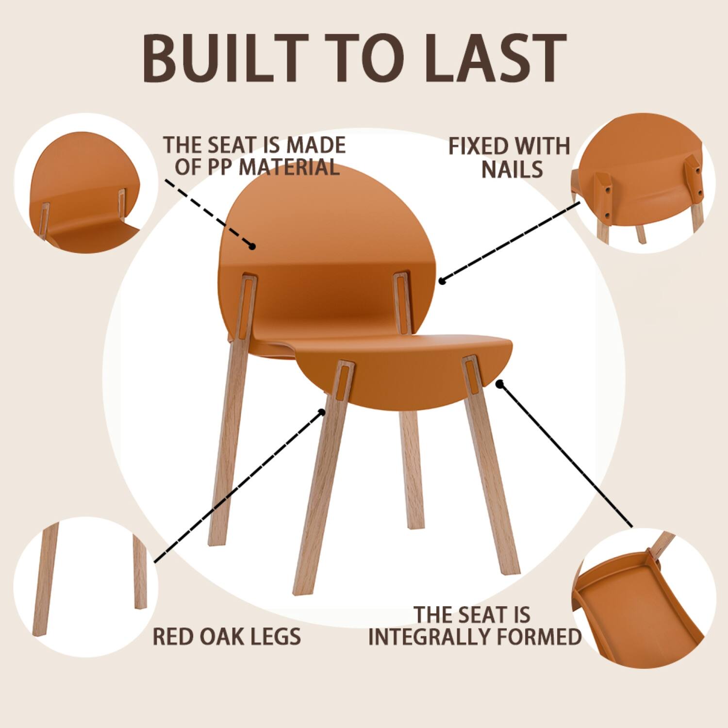 BUILT TO LAST

- THE SEAT IS MADE OF PP MATERIAL
- FIXED WITH NAILS
- RED OAK LEGS
- THE SEAT IS INTEGRALLY FORMED