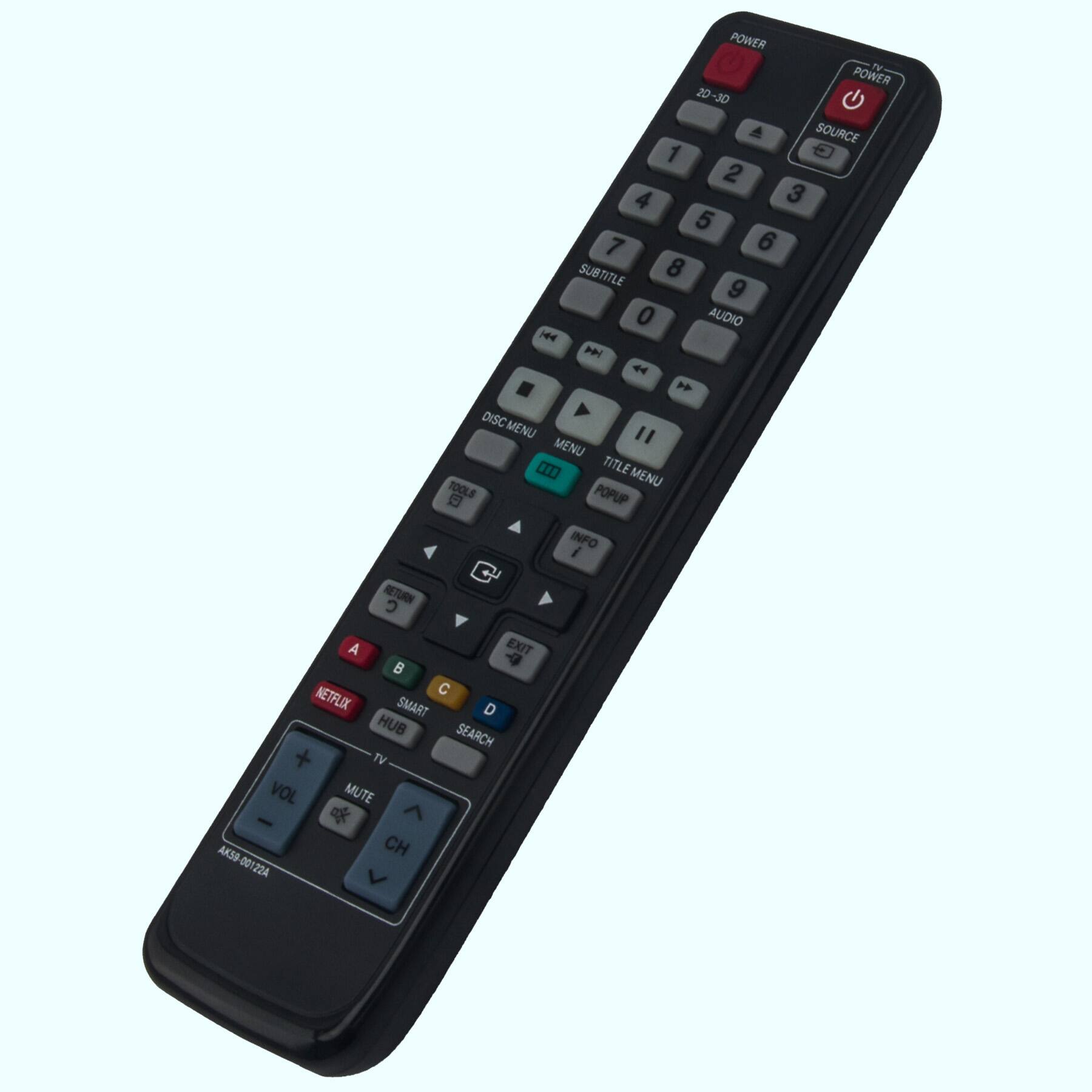 POWER TV  
POWER 20-30 A  
SOURCE 1 2 4 3 5 7 6  
SUBTITLE 8 9 0  
AUDIO H4 P 4  
DISC MENU "  
MENU  
TITLE TOOLS MENU  
POPUP INFO i  
RETURN  
A EXIT B C NETFLIX SMART D HUB SEARCH + TV VOL MUTE  
AKSP 00122A CH