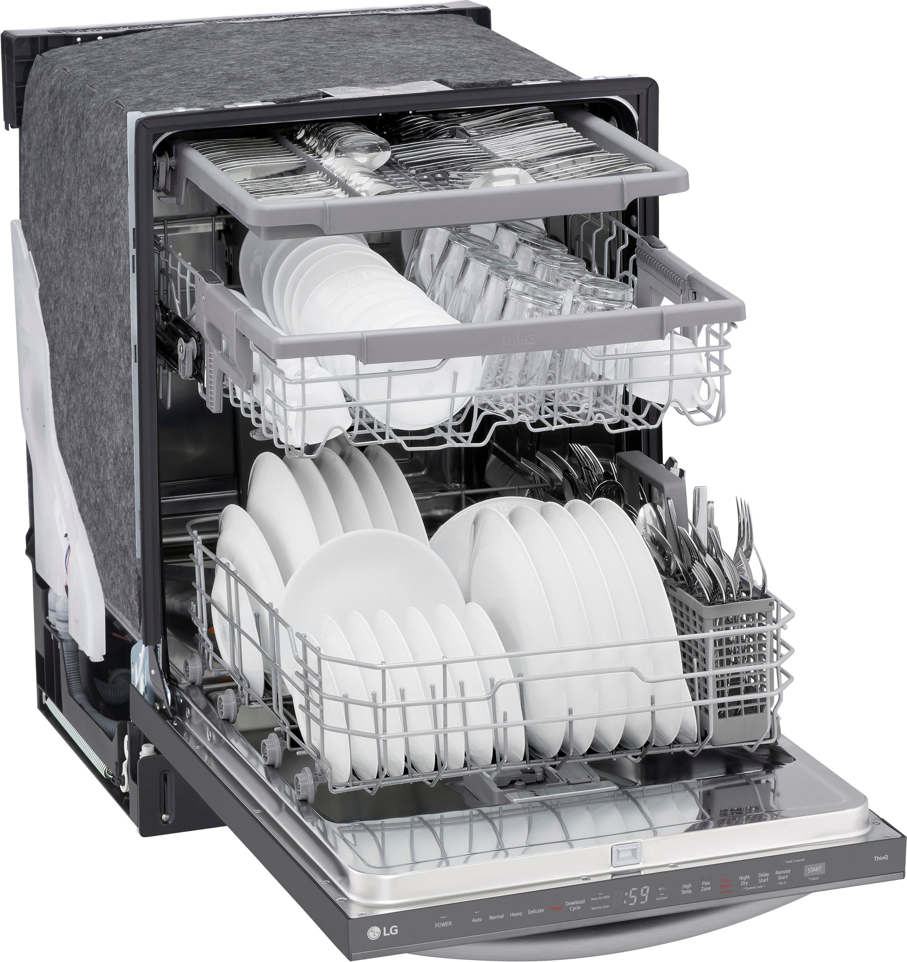 The text on the image reads "GLo LG - - - Aum - - -. :59 - de - -a." However, this text does not seem to be related to the image of the dishwasher filled with dishes. It is possible that the text is unrelated or a mistake.