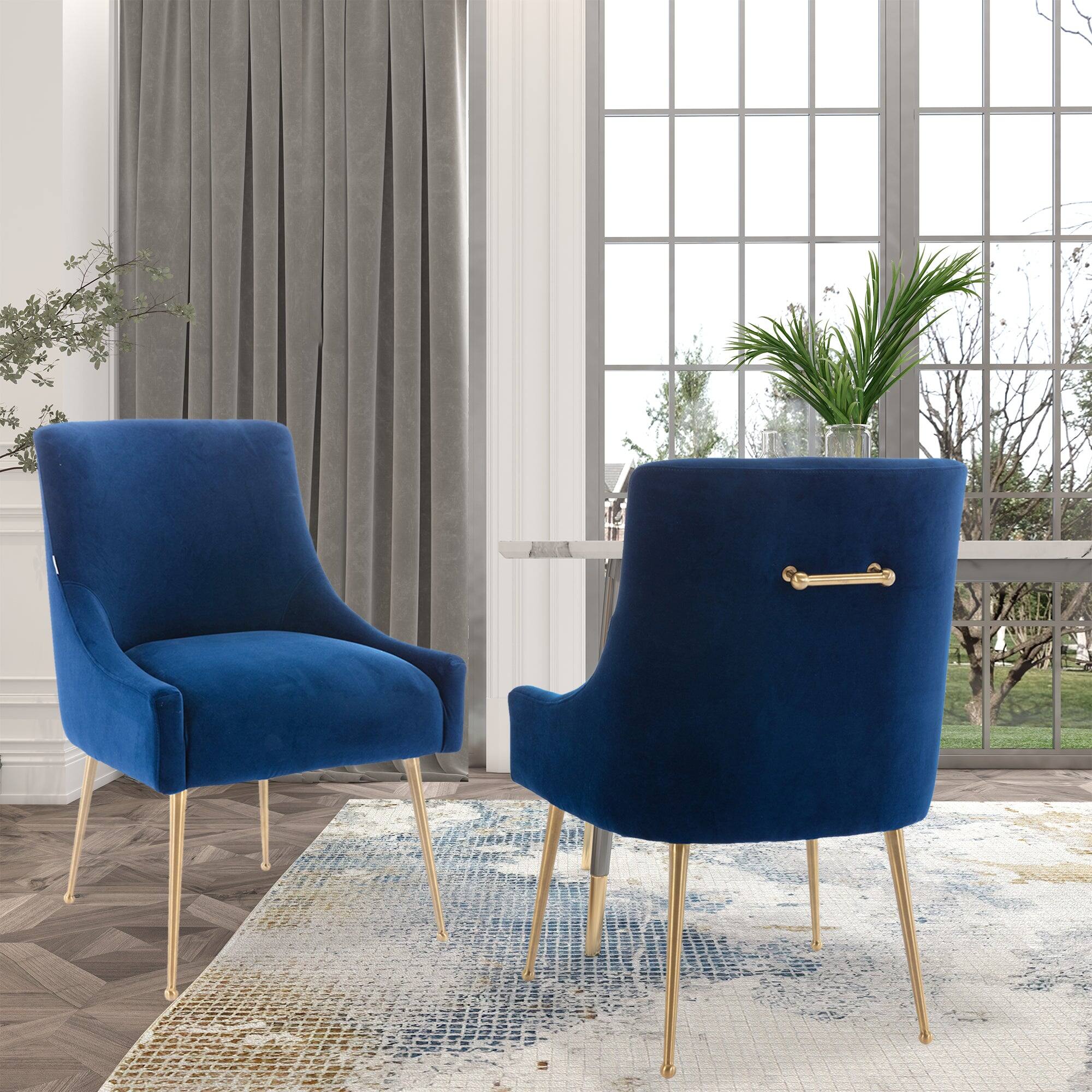 Alt View 3. Boyel Living - Navy Blue Velvet Dining Chair with Pulling Handle and Adjustable Foot Nails(Set of 2) - Navy Blue.