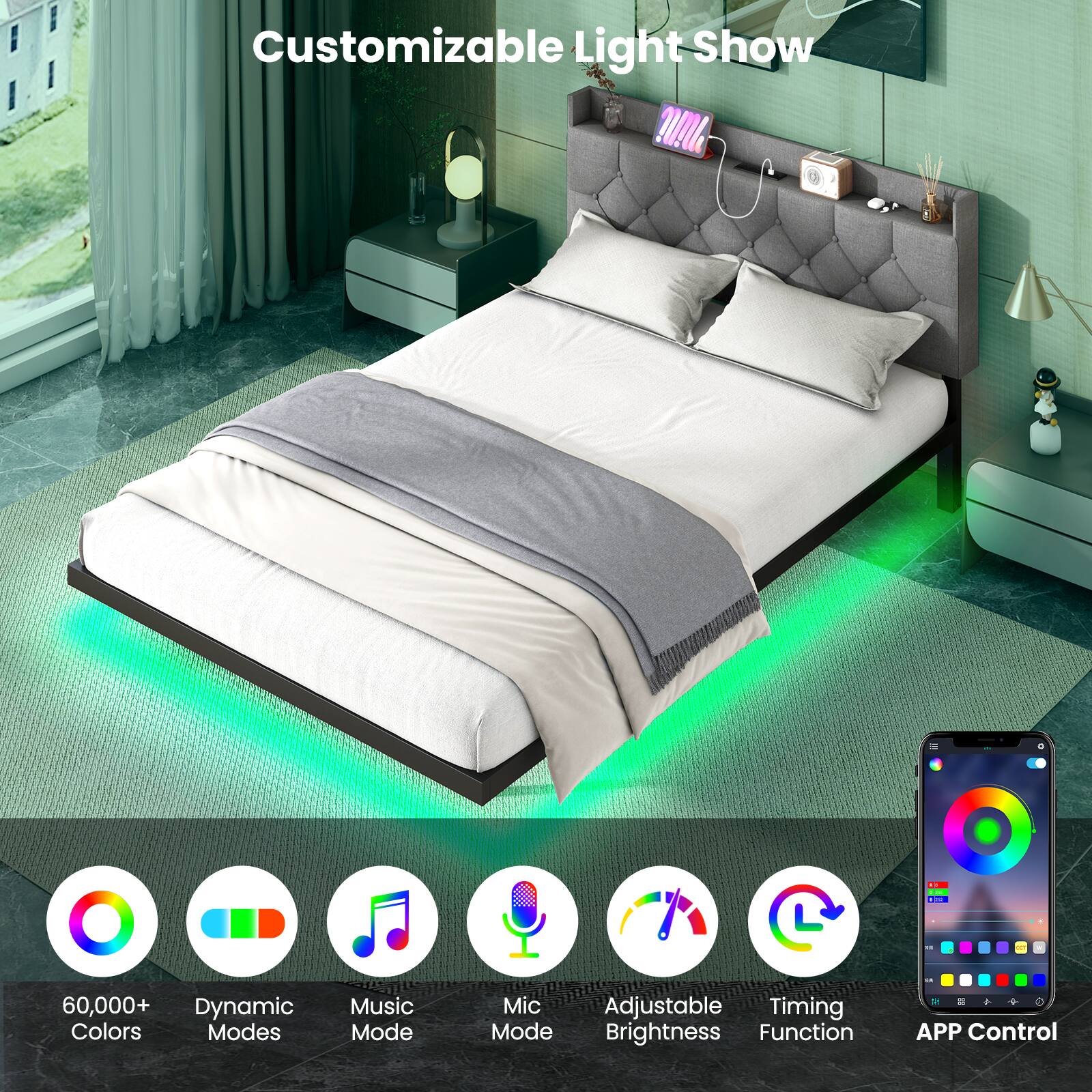 Customizable Light Show

- 60,000+ Dynamic Colors
- Modes
- Music Mode
- Mic Mode
- Adjustable Brightness
- Timing Function
- APP Control