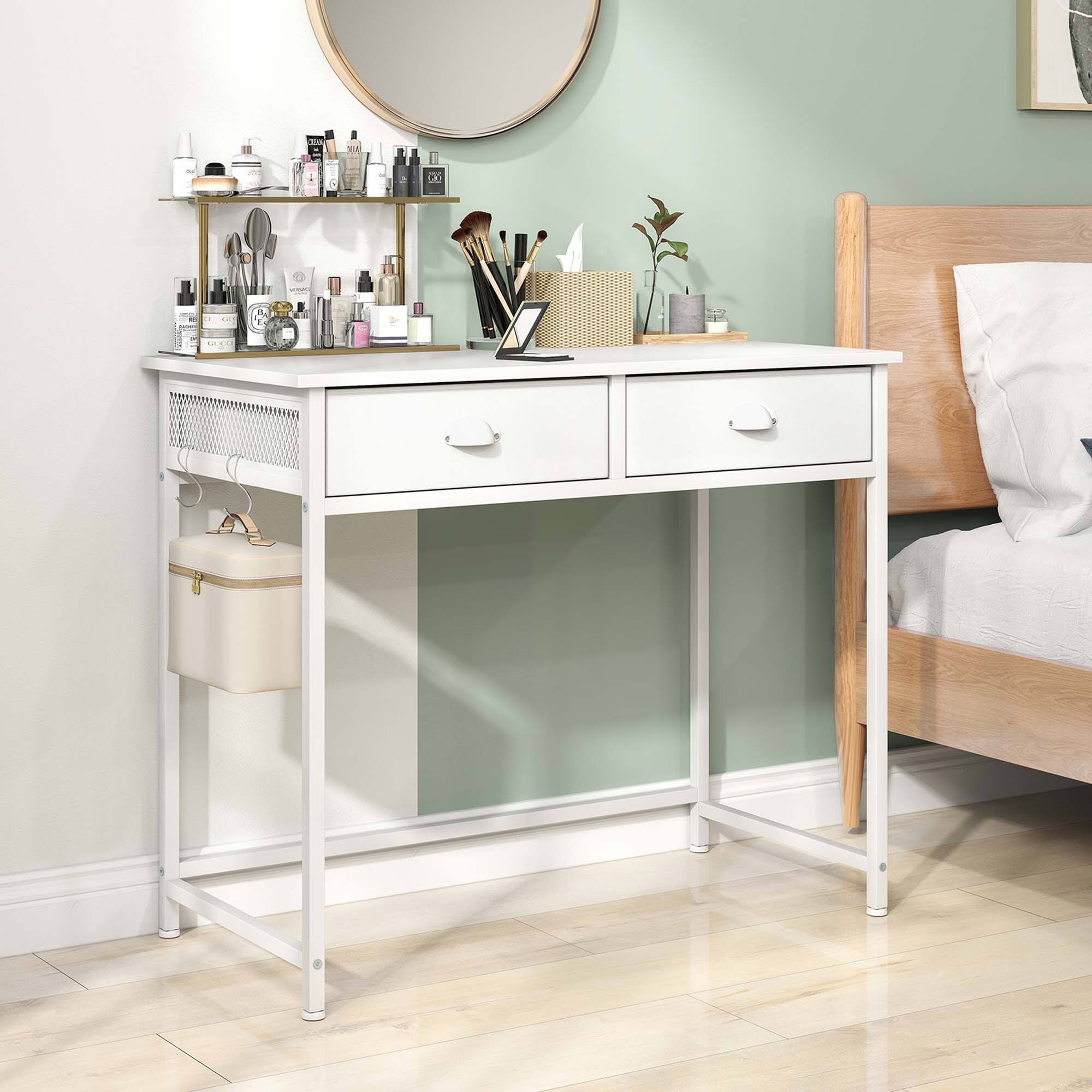 Alt View 4. Costway - Costway Space Saving Home Computer Desk with 2 Fabric Drawers 4 Hanging Hooks & Metal Frame White - White.