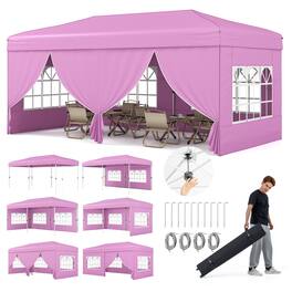 Gymax - 10 X 20 FT Pop up Canopy Tent w/ 6 Sidewalls Wheeled Bag 6 Sandbags 10 Stakes - Pink
