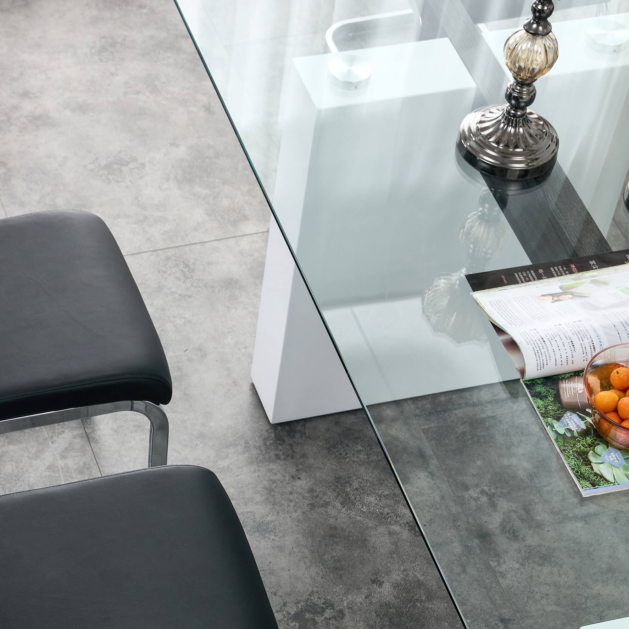 Alt View 5. Tiramisubest - Modern Minimalist Rectangular Dining Table for 6-8 with Tempered Glass Tabletop and white MDF Trapezoid Bracket - Transparent,White.